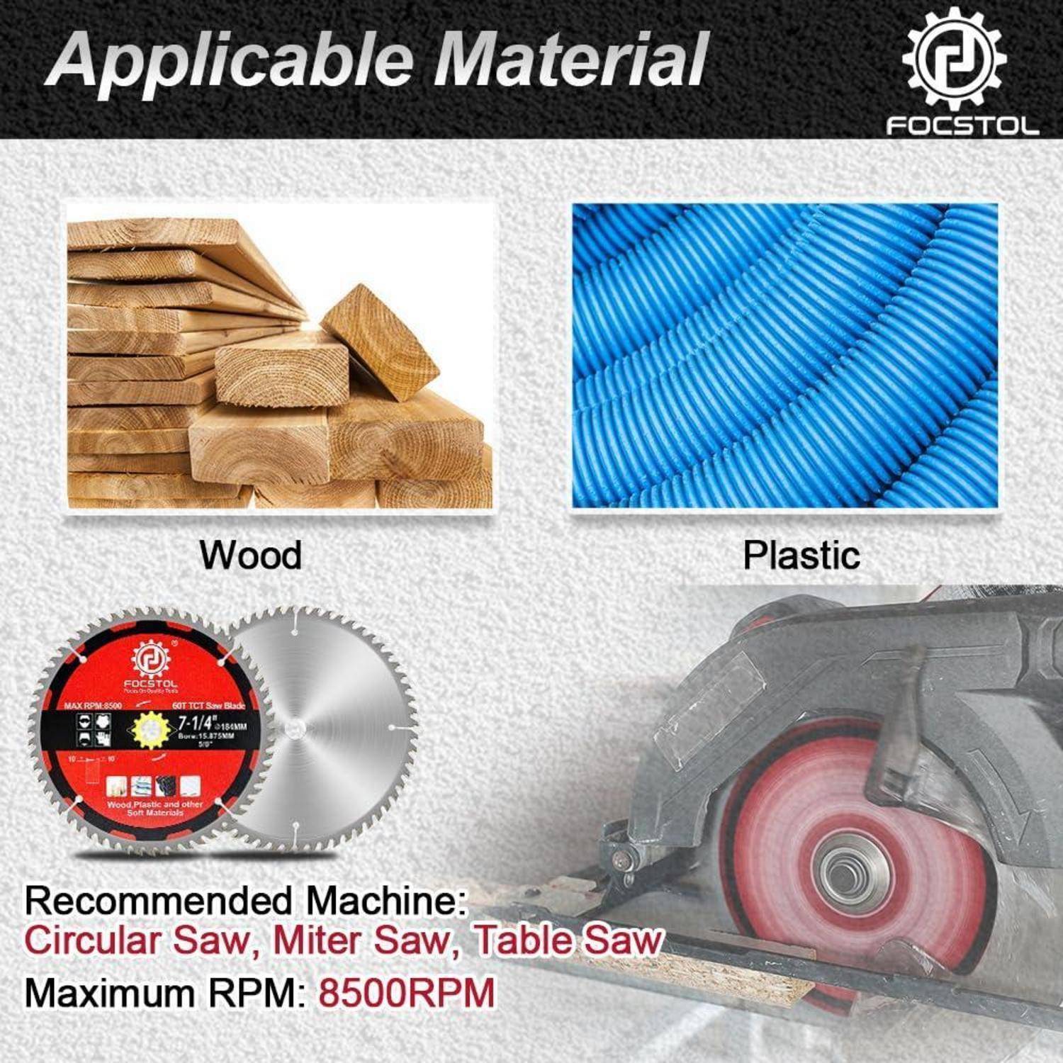Geeignetes Material: Holz, Kunststoff. Empfohlene Maschine: Kreissäge, Kapp- und Gehrungssäge, Tischkreissäge. Maximale Umdrehungen: 8500 U/min.