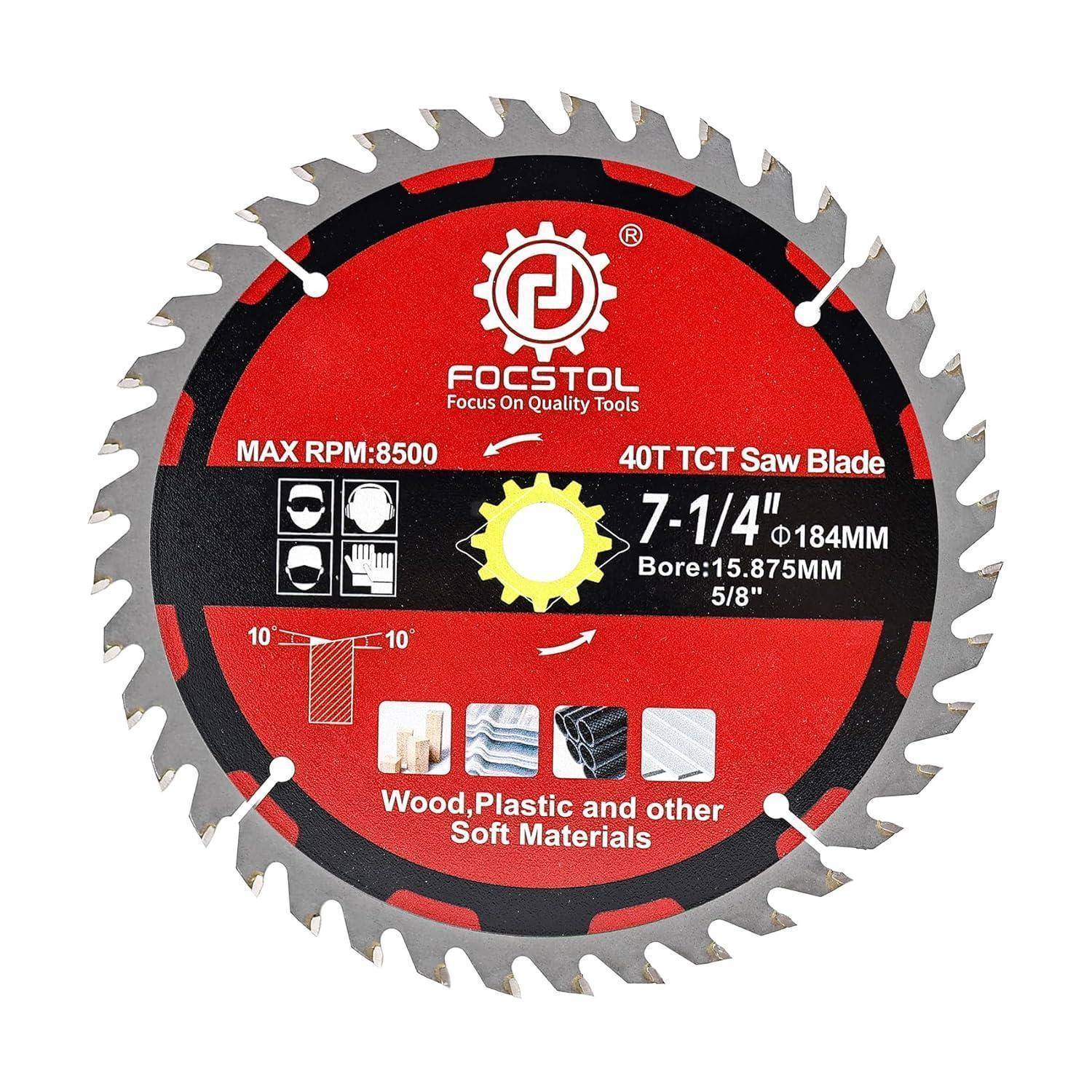 Eine Kreissägeblatt mit roter Kennzeichnung zum Schneiden von Holz, Kunststoff und weichen Materialien. Wichtigste Spezifikationen: 7-1/4 Zoll, 40 Zähne, 184 mm, 8500 Umdrehungen pro Minute.
