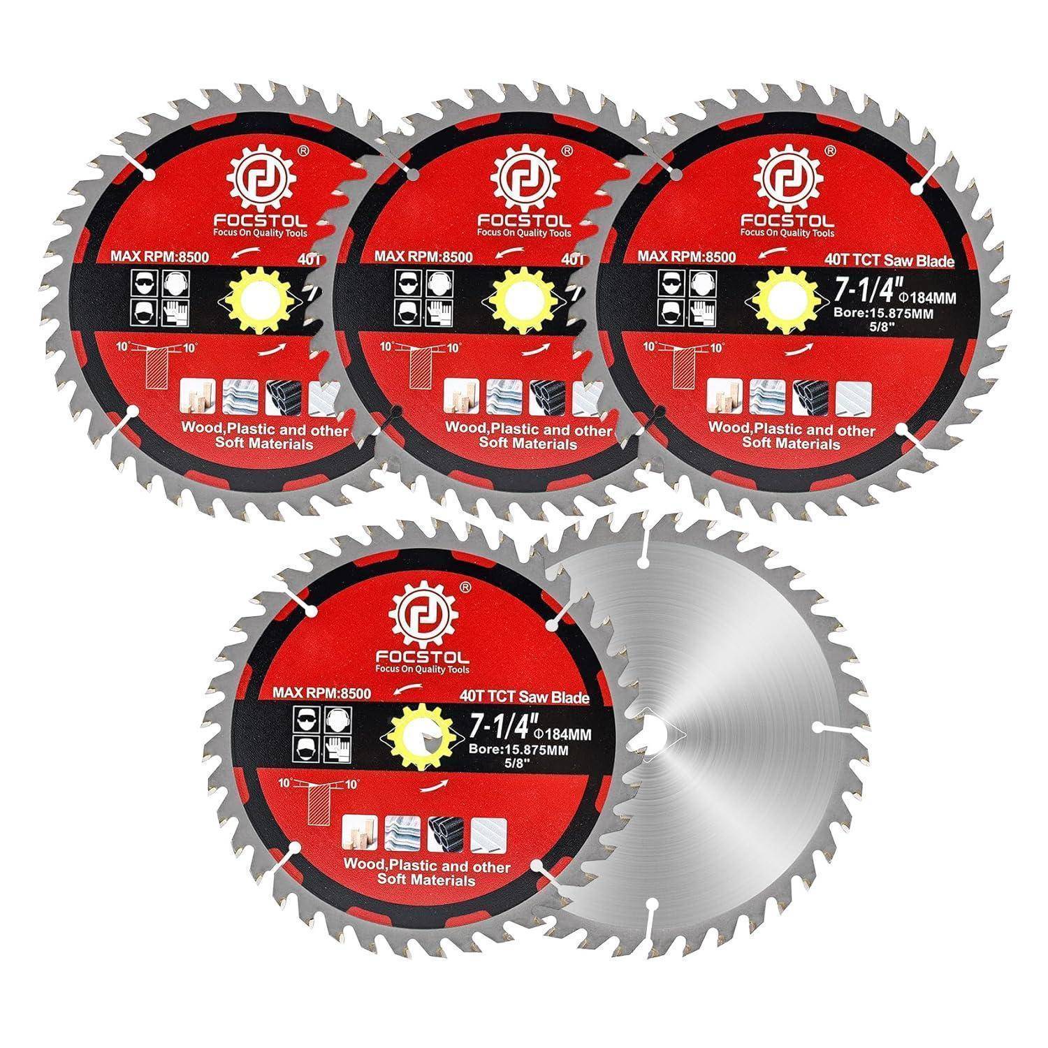 Packung mit fünf Sägeblättern zum Schneiden von Holz und Kunststoff, 7-1/4 Zoll, 40 Zähne, 5/8 Zoll Aufnahme, maximale Drehzahl 8500.