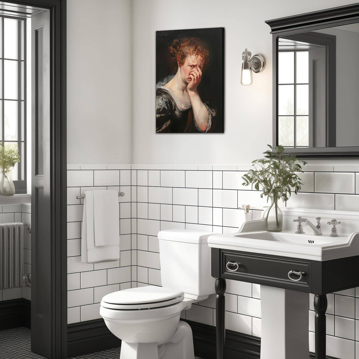 Wandkunst Badezimmer Leinwand Toilette Frau Schwarzer Humor Gerahmt
