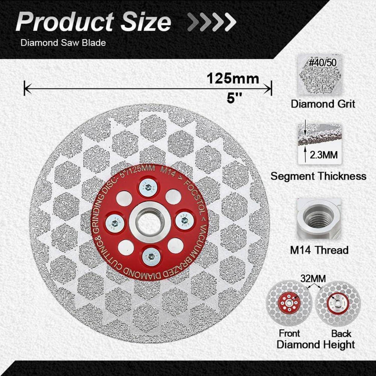 Produktgröße: Diamant-Sägeblatt zeigt ein 125-mm-Blatt mit Diamantkorngröße #40/50, 2,3 mm Segmentdicke und M14-Gewinde. Die vordere Diamanthöhe beträgt 32 mm.