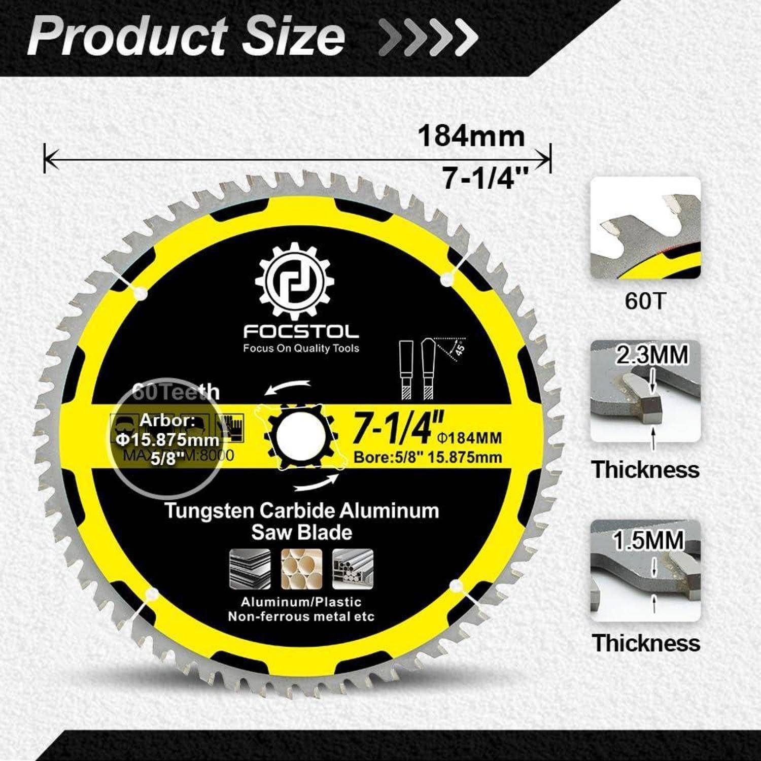 Sägeblatt für Aluminium/Kunststoff, 184 mm Durchmesser, 60 Zähne, 2,3 mm Dicke, 15,875 mm Aufnahme, Hartmetall für Aluminium, 7-1/4