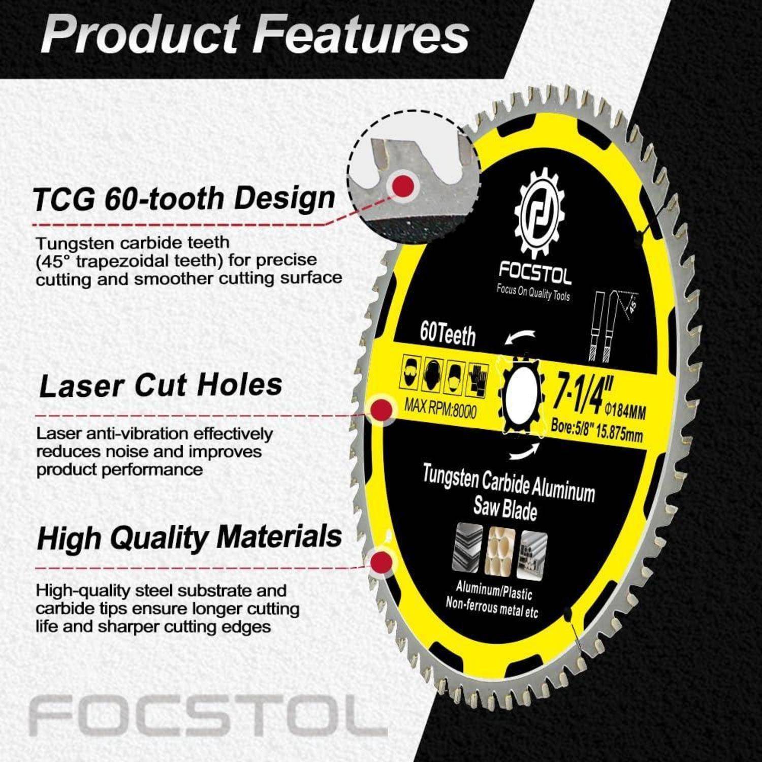 Produktmerkmale des FOCSTOL Sägeblatts: TCG 60-Zahn-Design, lasergeschnittene Löcher und hochwertige Materialien für präzises Sägen.