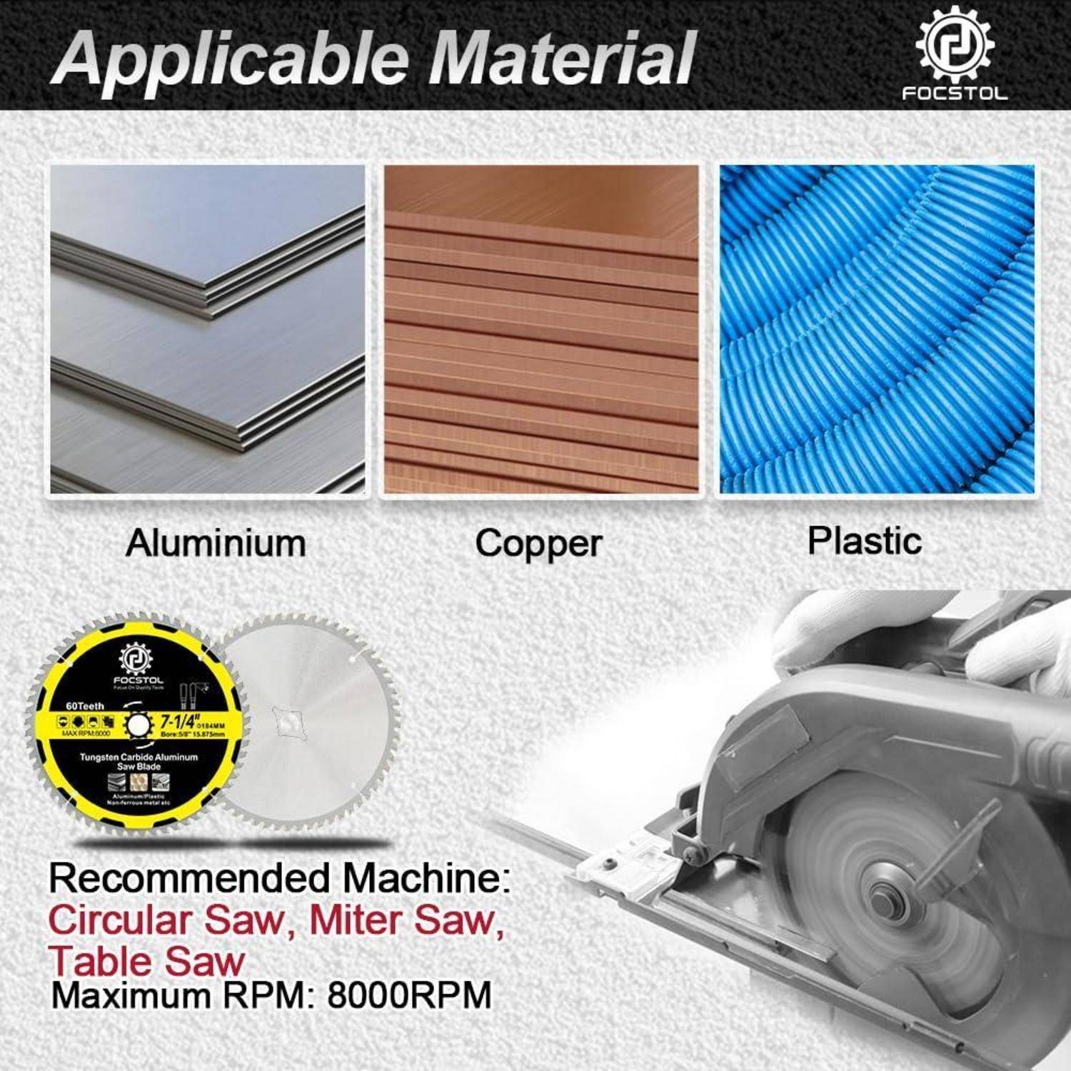 Aluminium', 'Kupfer', 'Kunststoff'; eine Kreissägeblatt eignet sich für diese Materialien mit maximal 8000 Umdrehungen pro Minute.