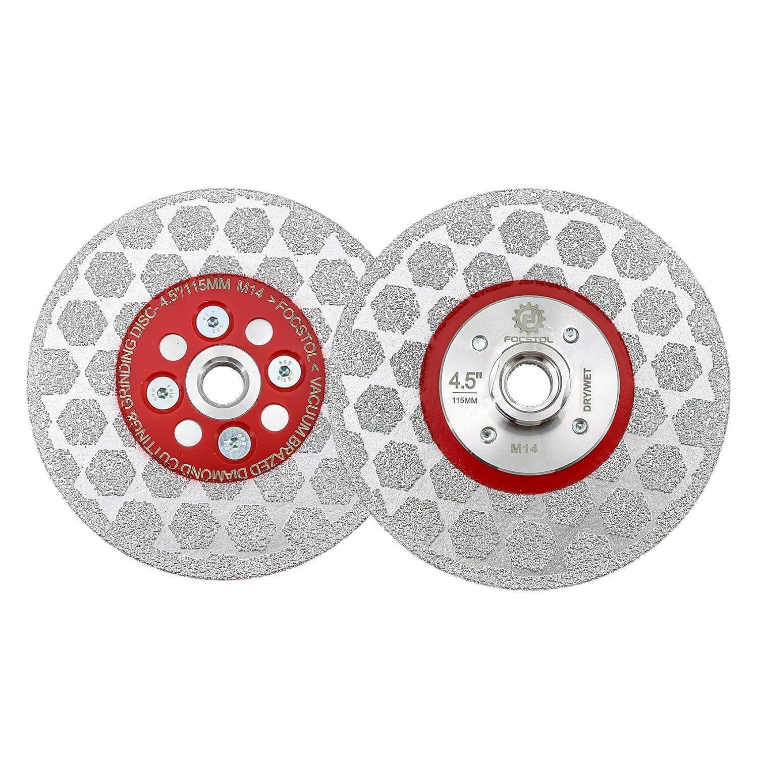Zwei kreisförmige Diamant-Trennscheiben mit Metallzentren und gemusterten Kanten, mit den Bezeichnungen '4.5' und '115MM', nebeneinander auf weißem Hintergrund positioniert.