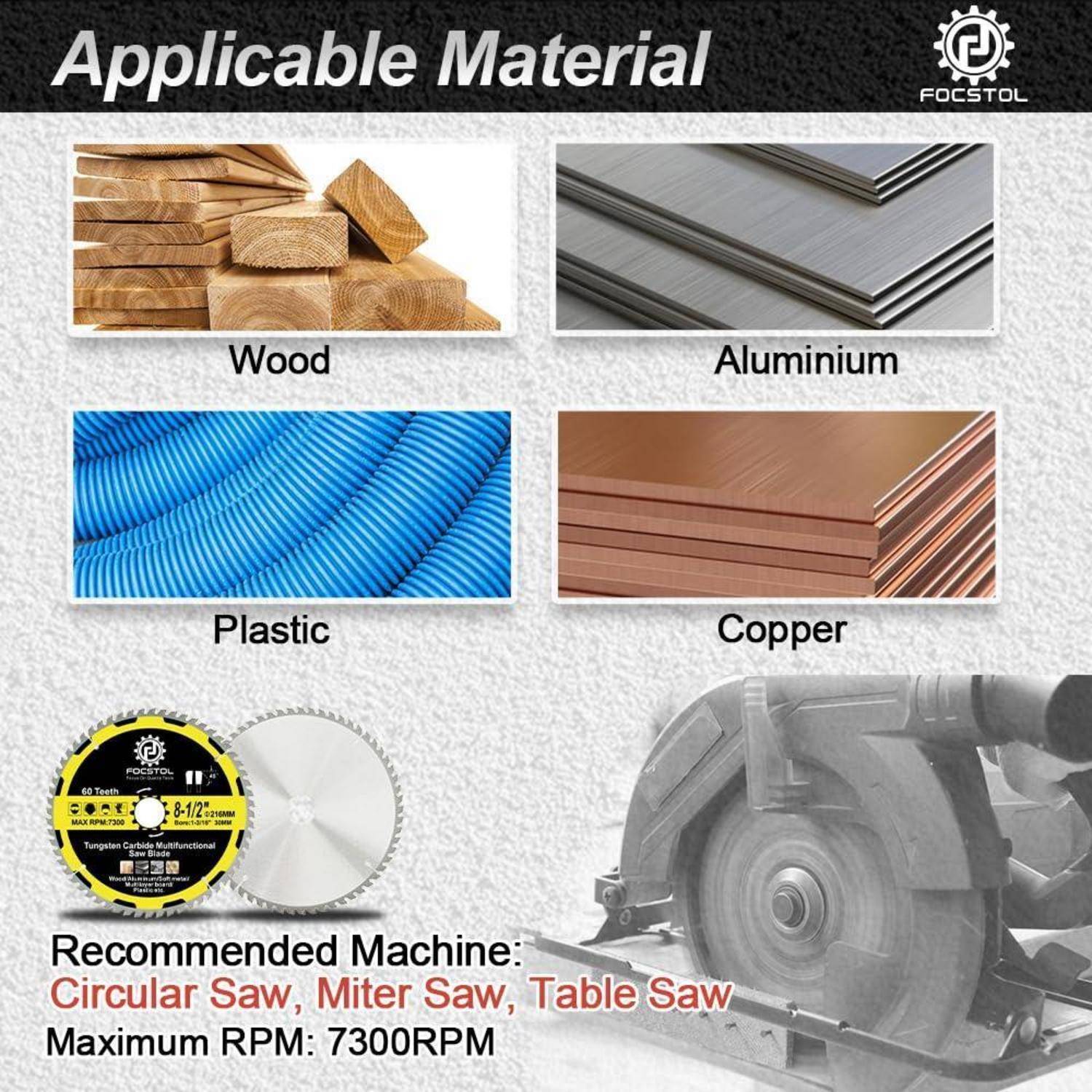 Anwendbares Material' mit Bildern von Holz, Aluminium, Kunststoff und Kupfer. Empfohlene Maschinen: Kreissäge, Kapp- und Gehrungssäge, Tischkreissäge. Maximale Umdrehungen pro Minute: 7300 U/min.