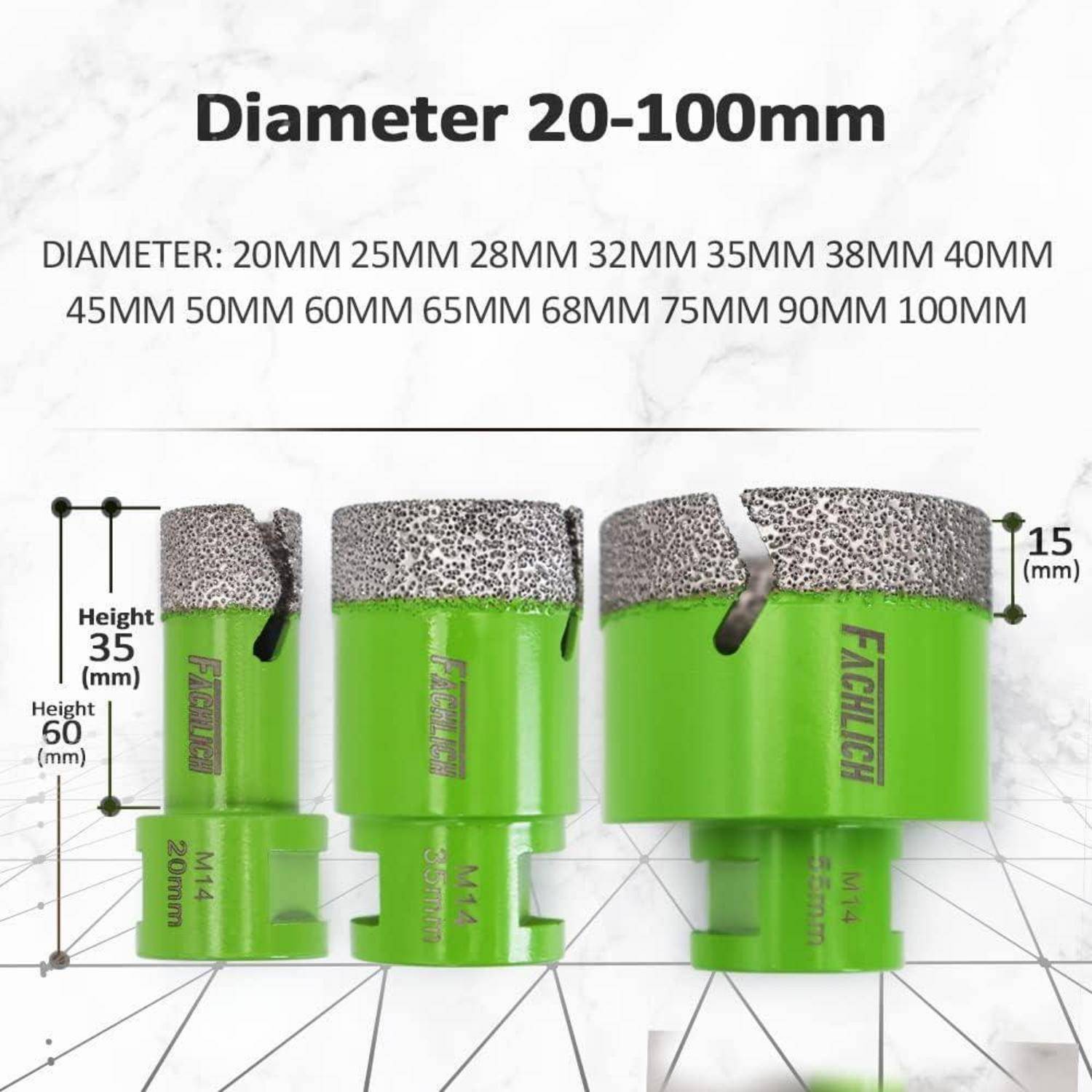 Diagramm von grünen Diamantbohrern für bewehrten Beton. Enthält Abmessungen: Durchmesser 20-100 mm, Höhendetails und Markenbezeichnung.