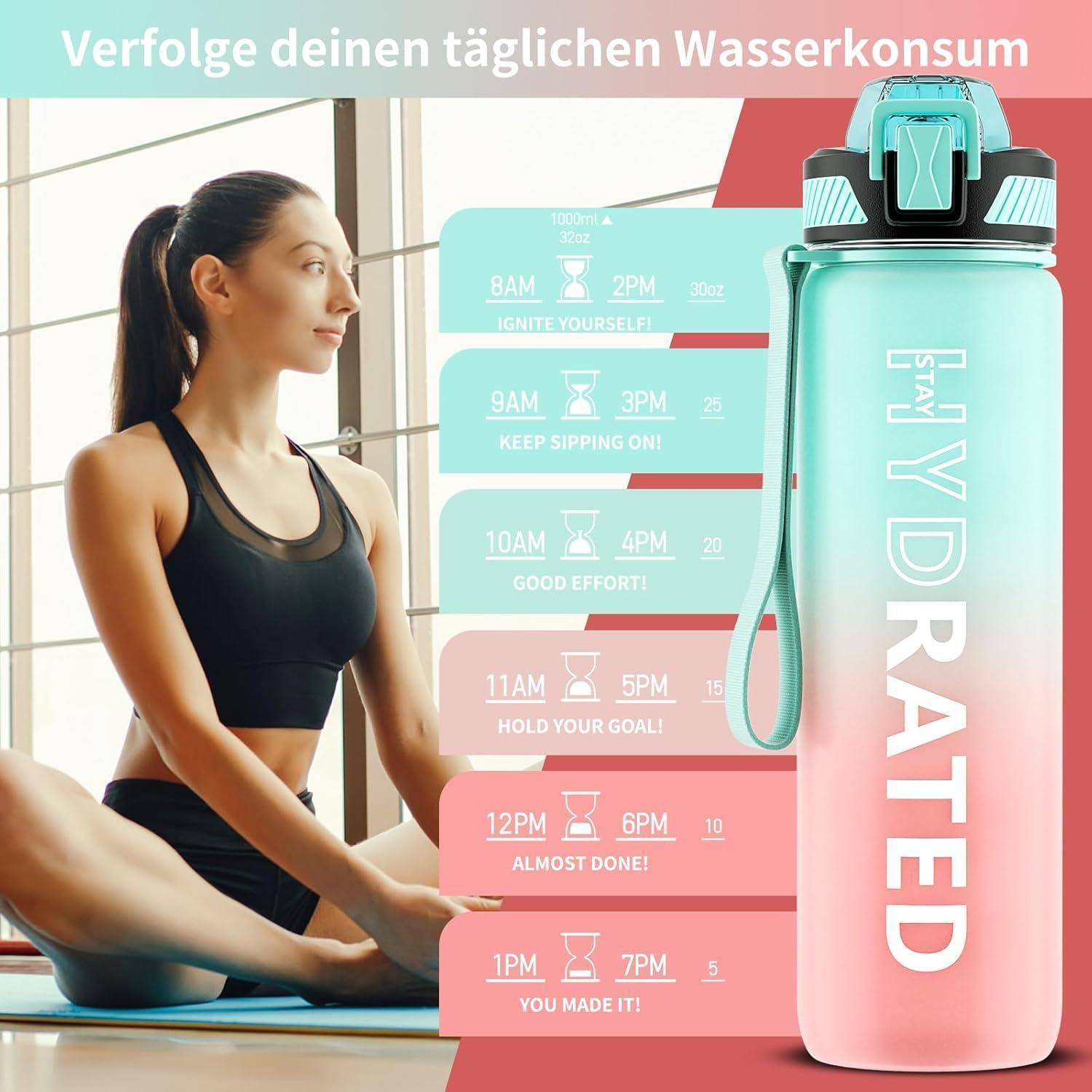 Trinkflasche 1L BPA-Frei Wasserflasche mit Strohhalm Sport