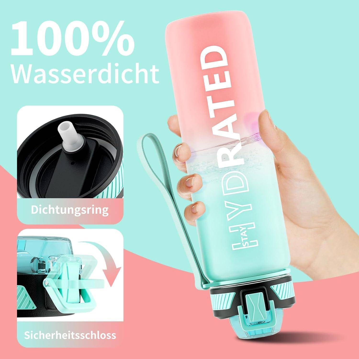Trinkflasche 1L BPA-Frei Wasserflasche mit Strohhalm Sport