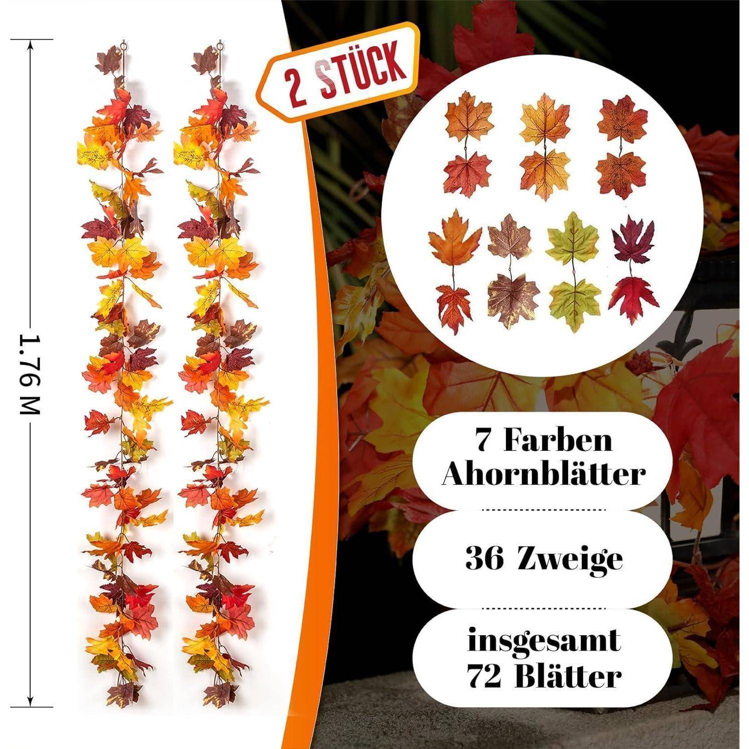 2er Set künstliche Ahornblätter Girlande 176cm Herbstblätter Deko