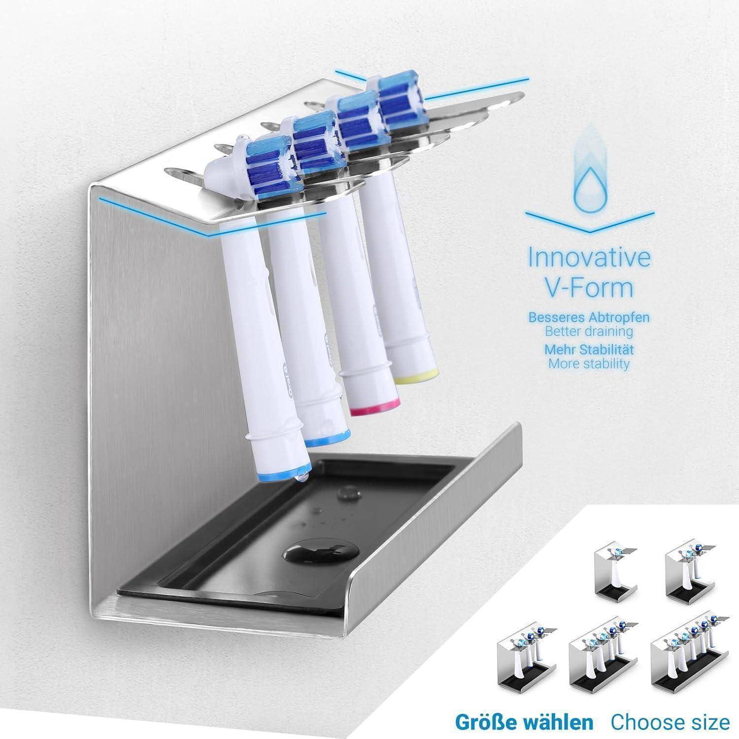 Innovativer V-förmiger Rasierapparathalter mit Schlitzen für vier Rasierer, der besseres Ablaufen und Stabilität fördert. Rasiererköpfe in verschiedenen Farben dargestellt.