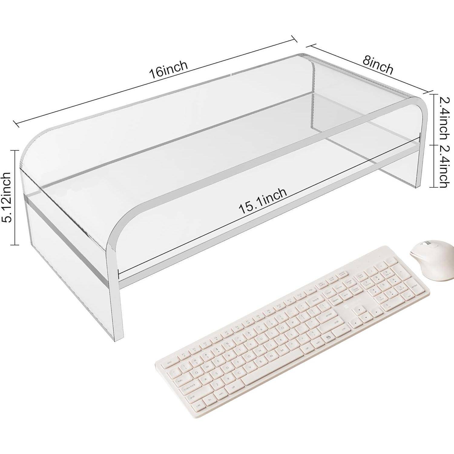 Ein transparenter Acryl-Monitorständer mit den Maßen: 16 Zoll breit, 8 Zoll tief, 4 Zoll hoch, zusammen mit einer Tastatur und einer Maus präsentiert.