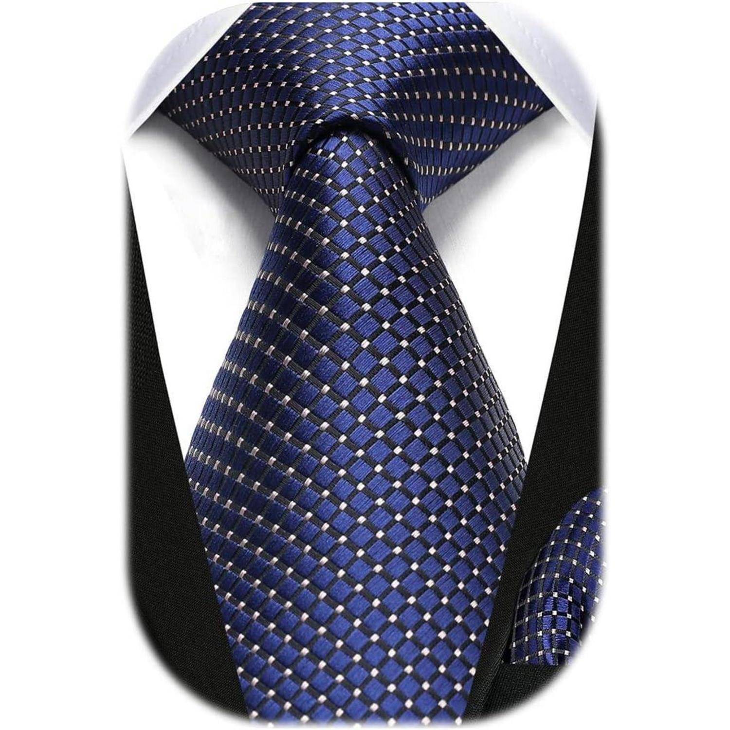 Navy Blue Check Plaid Extra Long Tie and Handkerchief Wedding Party