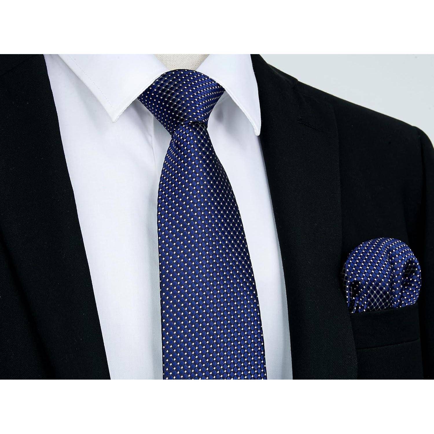 Navy Blue Check Plaid Extra Long Tie and Handkerchief Wedding Party