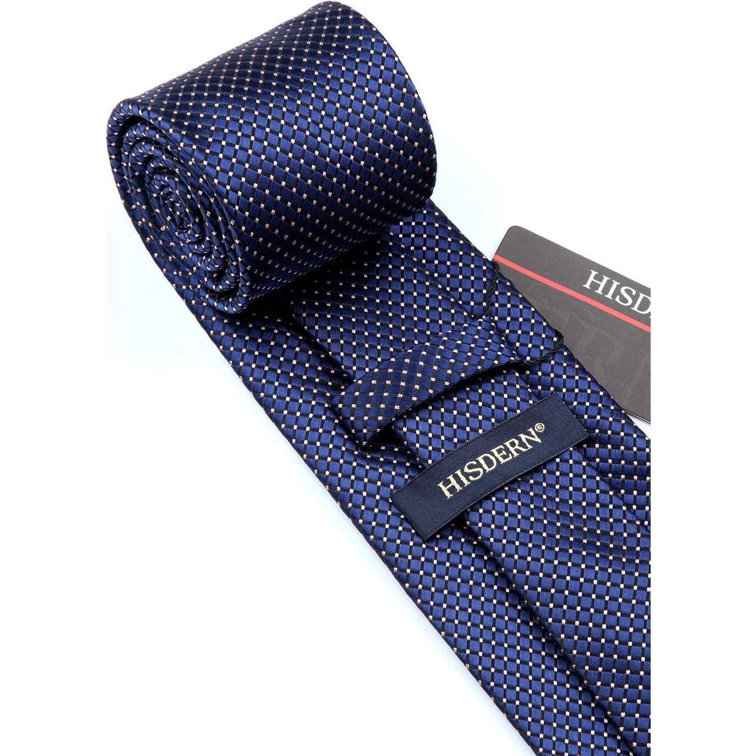 Navy Blue Check Plaid Extra Long Tie and Handkerchief Wedding Party