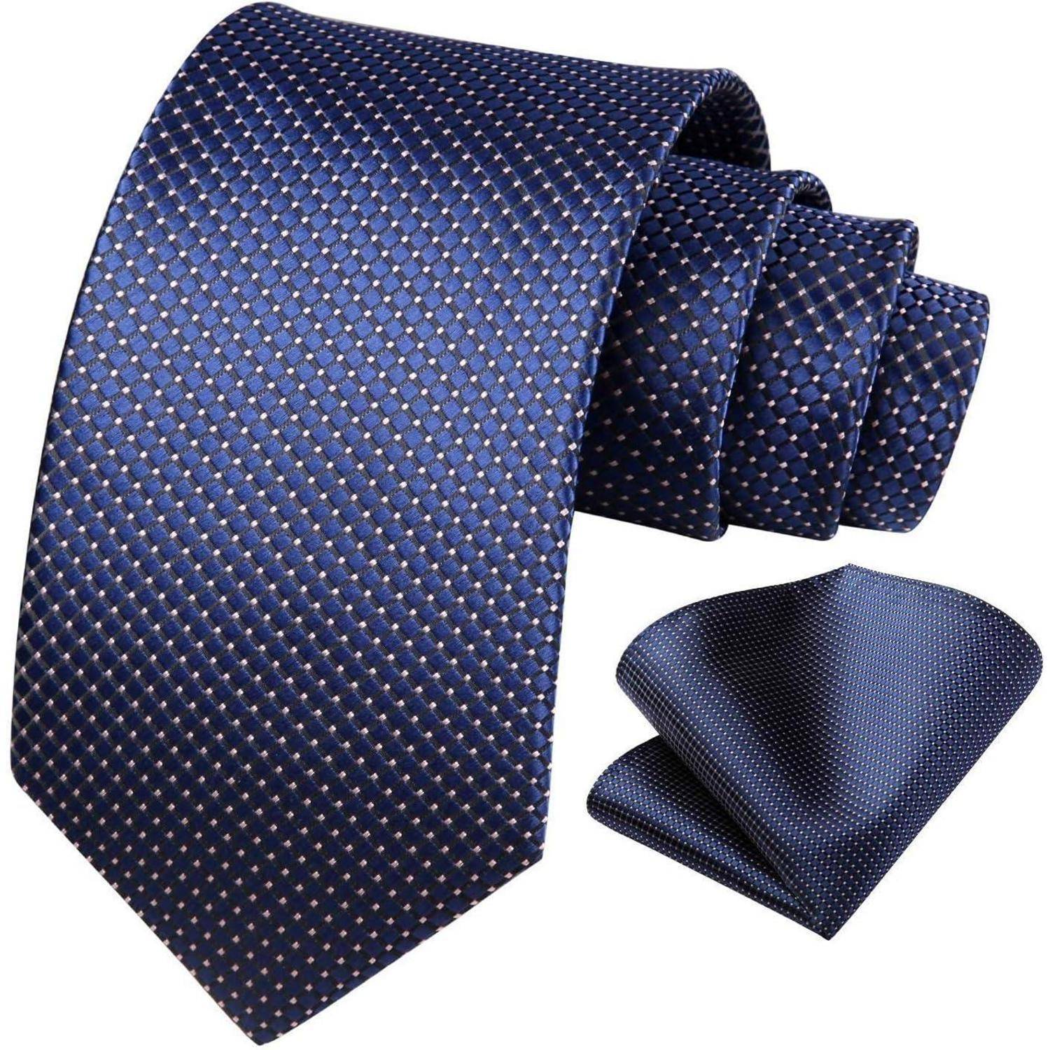 Navy Blue Check Plaid Extra Long Tie and Handkerchief Wedding Party