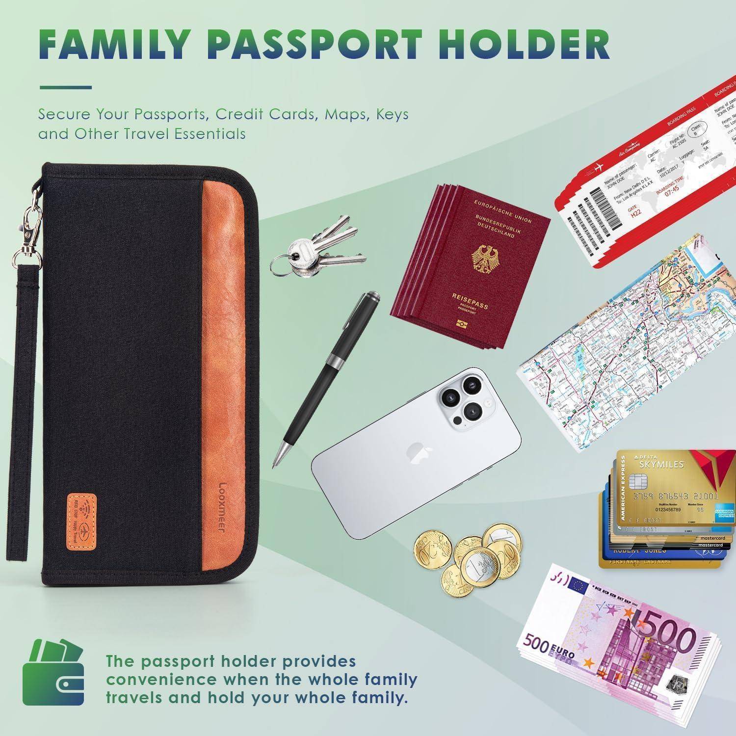 Reisepass Tasche RFID-Blocker Familienorganizer Schwarz Braun