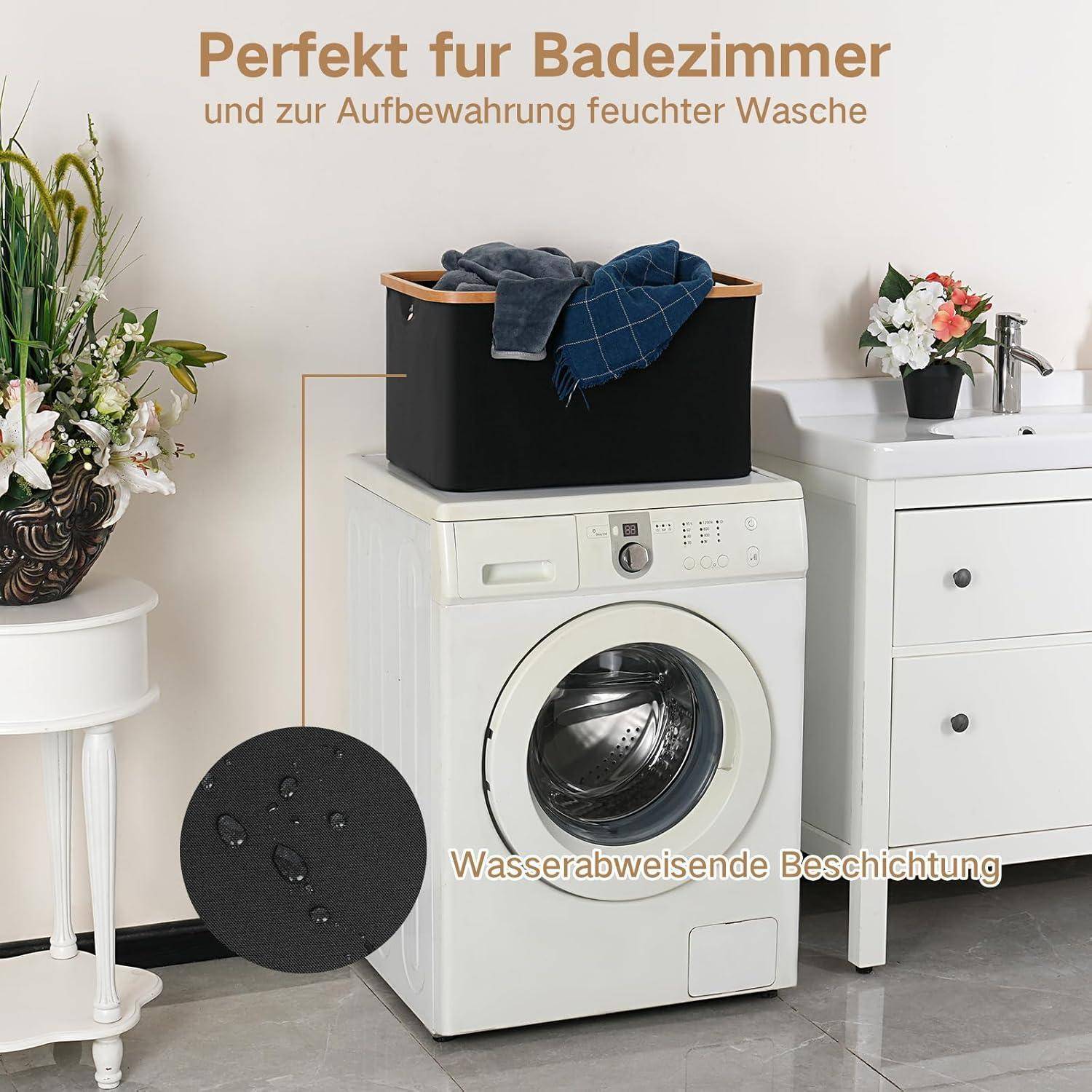 Faltbarer Wäschekorb 60L Bambus Stoff Aufbewahrung Basket Schwarzes