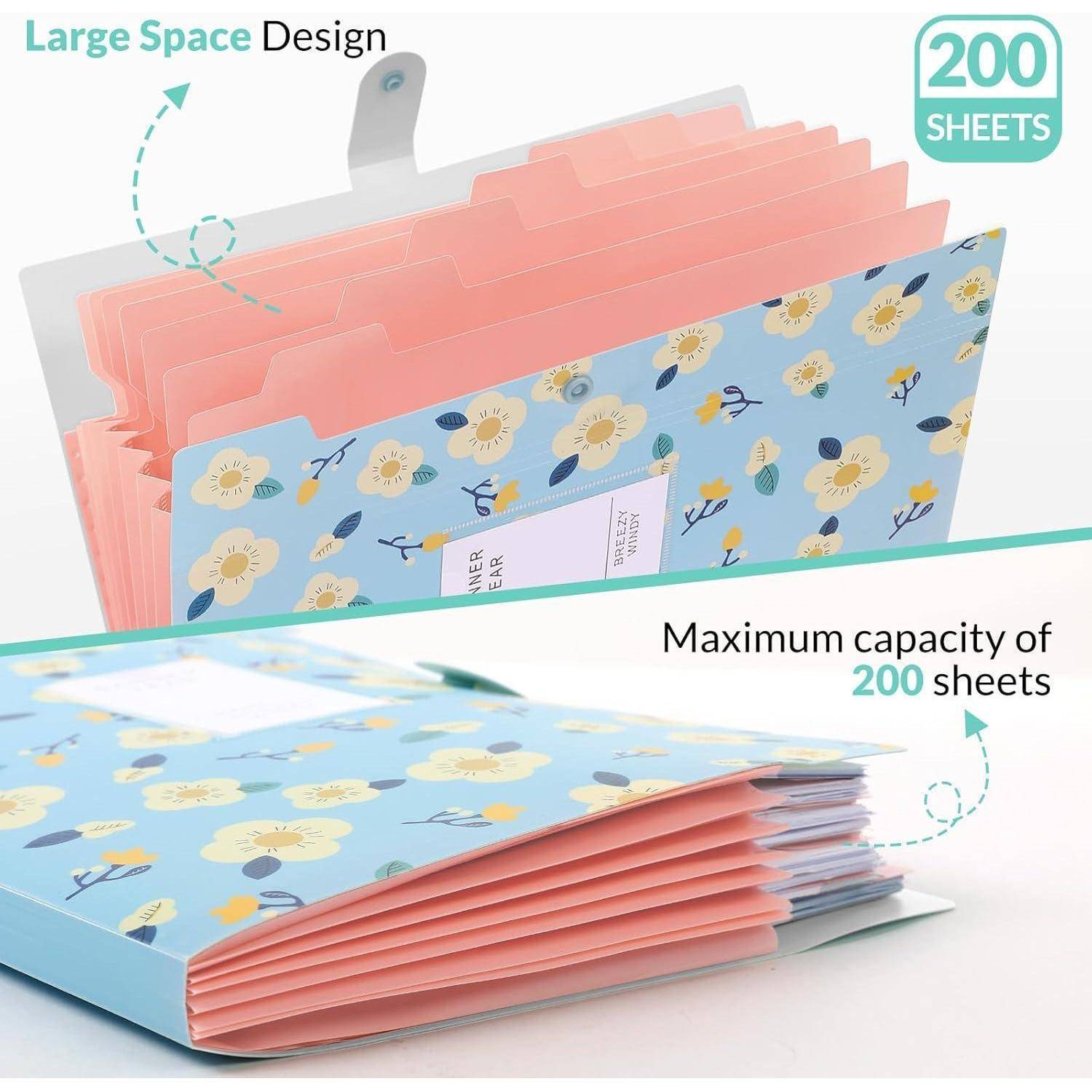 Die ‚Large Space Design' bietet eine maximale Kapazität von 200 Blatt mit einem blumenmustrigen Dateihalter und demonstriert dabei Vielseitigkeit und Stil.