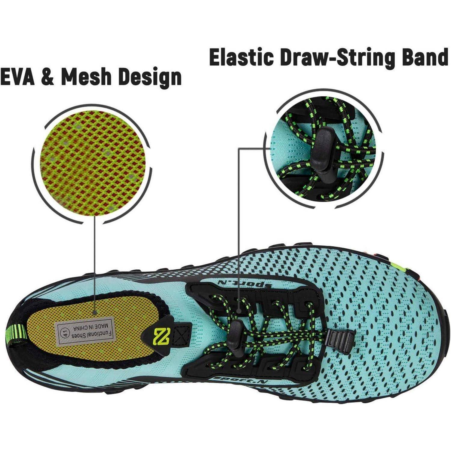 Draufsicht eines türkisfarbenen Schuhs mit Hervorhebung des 'EVA & Mesh-Designs' und des 'elastischen Kordelzugbands' mit detaillierten Nahaufnahmen in Kreisen.