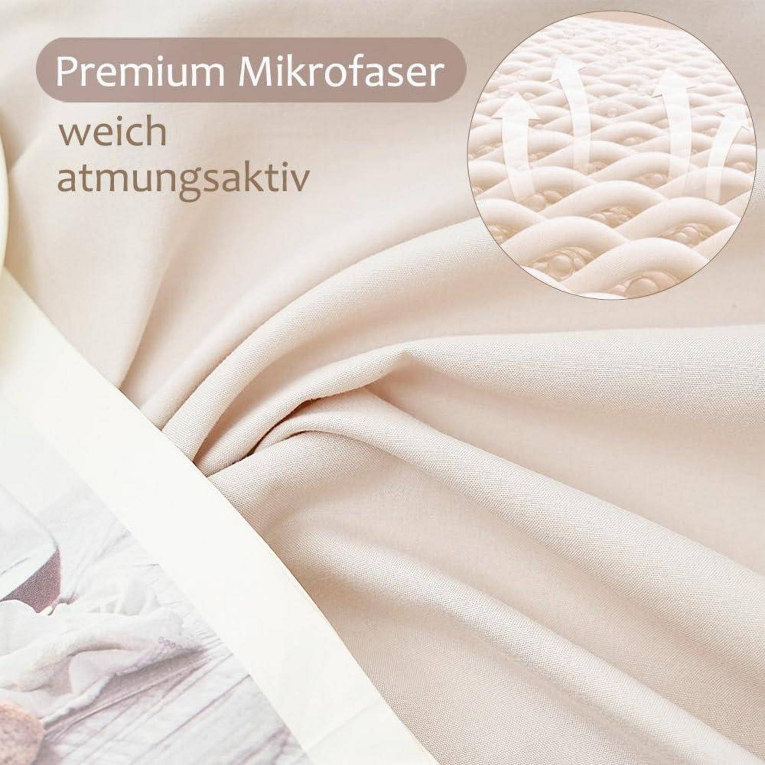 Nahaufnahme eines cremefarbenen Mikrofasergewebes mit der Beschriftung 