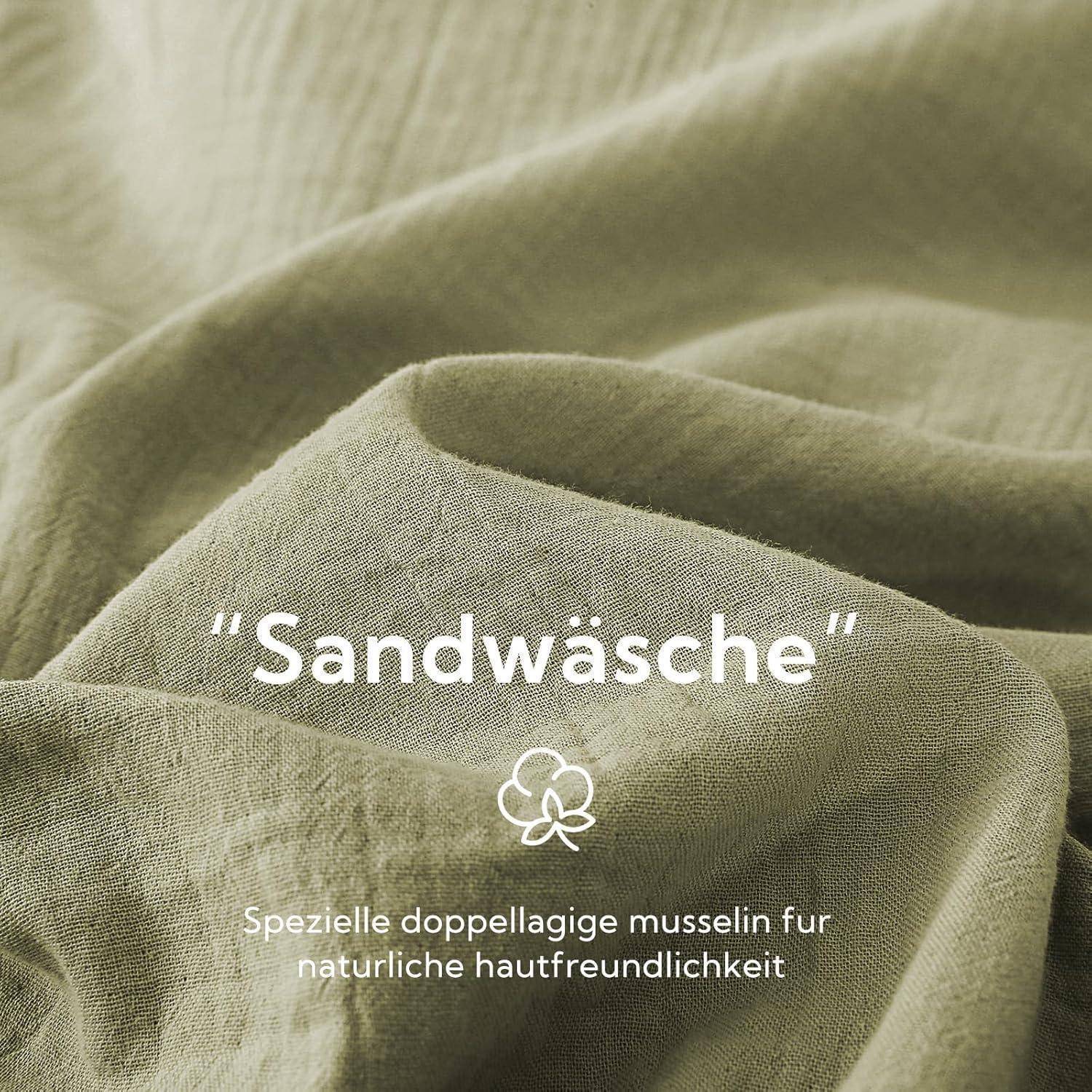 Detailaufnahme eines strukturierten, zweischichtigen Musselin-Stoffes mit der Bezeichnung „Sandwäsche