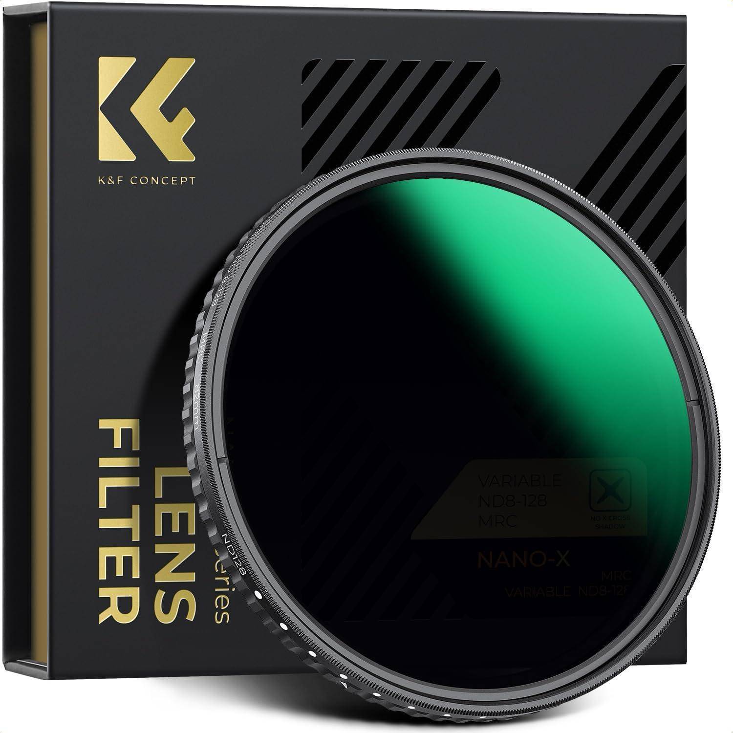 Ein variabler ND-Filter mit einem grünlichen Schimmer, der vor seiner Verpackung präsentiert wird. Die Verpackung zeigt das Markenlogo und die Worte 'Objektivfilter'.
