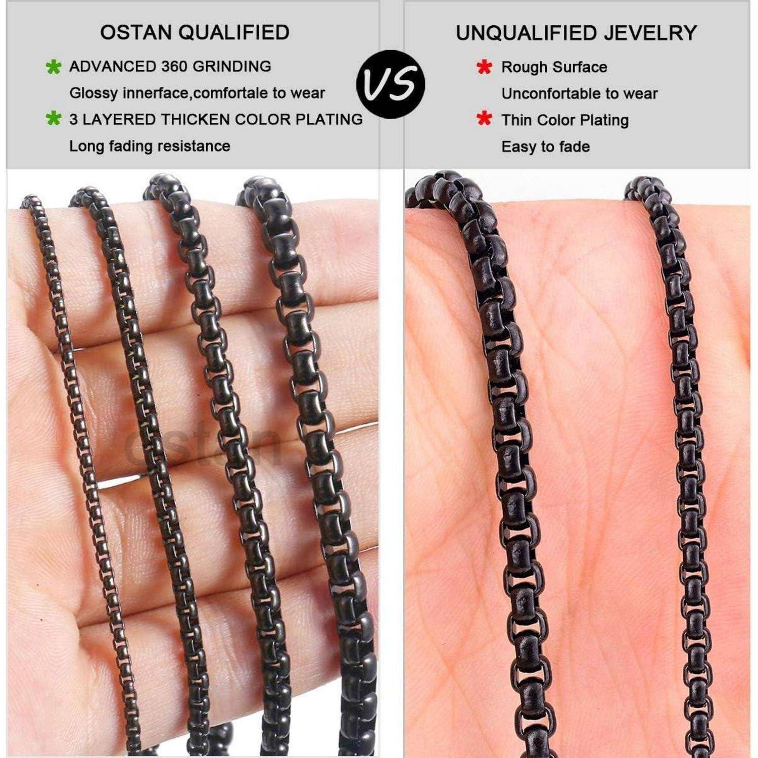 Vergleich von OSTAN-qualifizierten vs. nicht qualifizierten Schmuckstücken. Links: glatte Textur mit fortschrittlicher Schleifbearbeitung, haltbare Beschichtung. Rechts: rau, unangenehm, dünne Beschichtung.