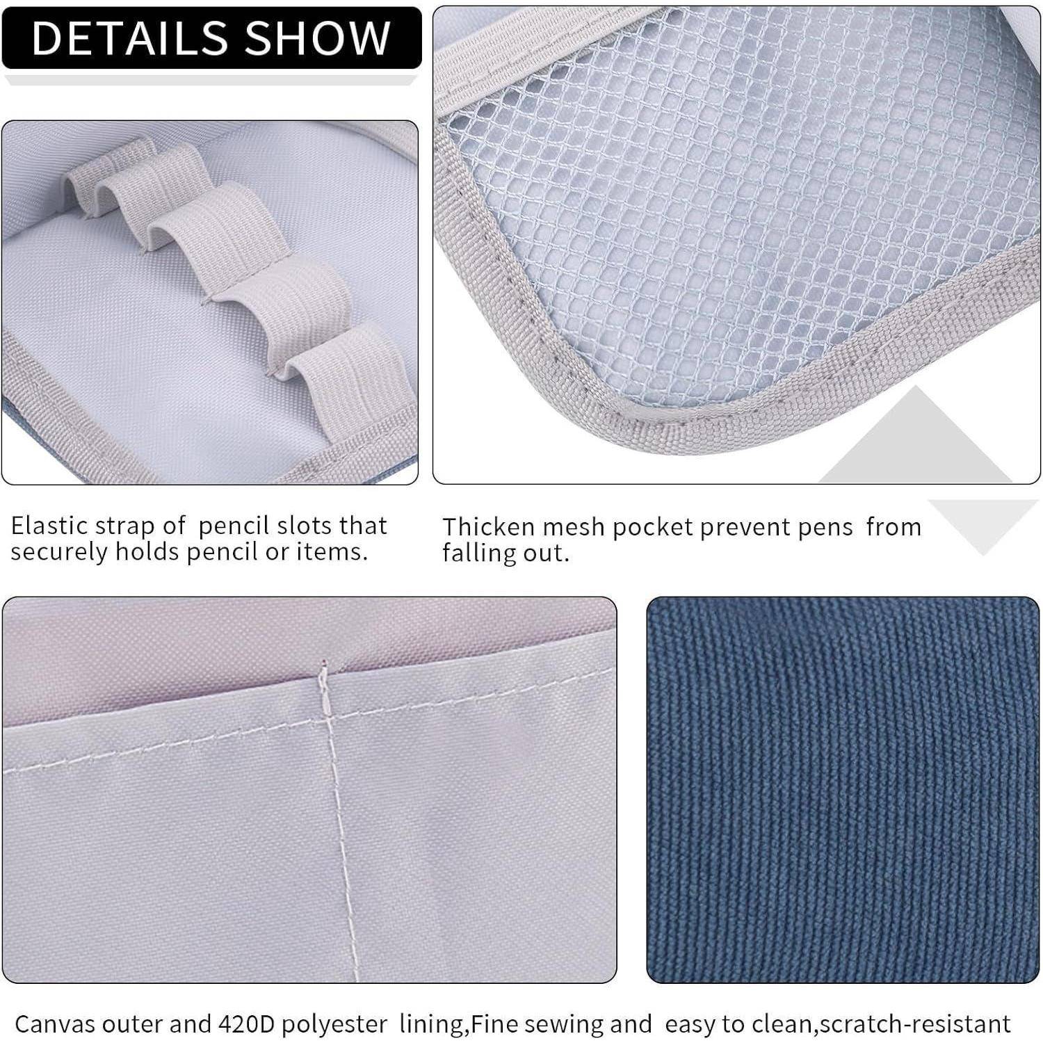 Detailseite eines Aufbewahrungsetuis mit elastischem Riemen für Stifte, großer Netztasche für Schreibgeräte, Leinwand-Außenhülle und Polyester-Innenfutter.
