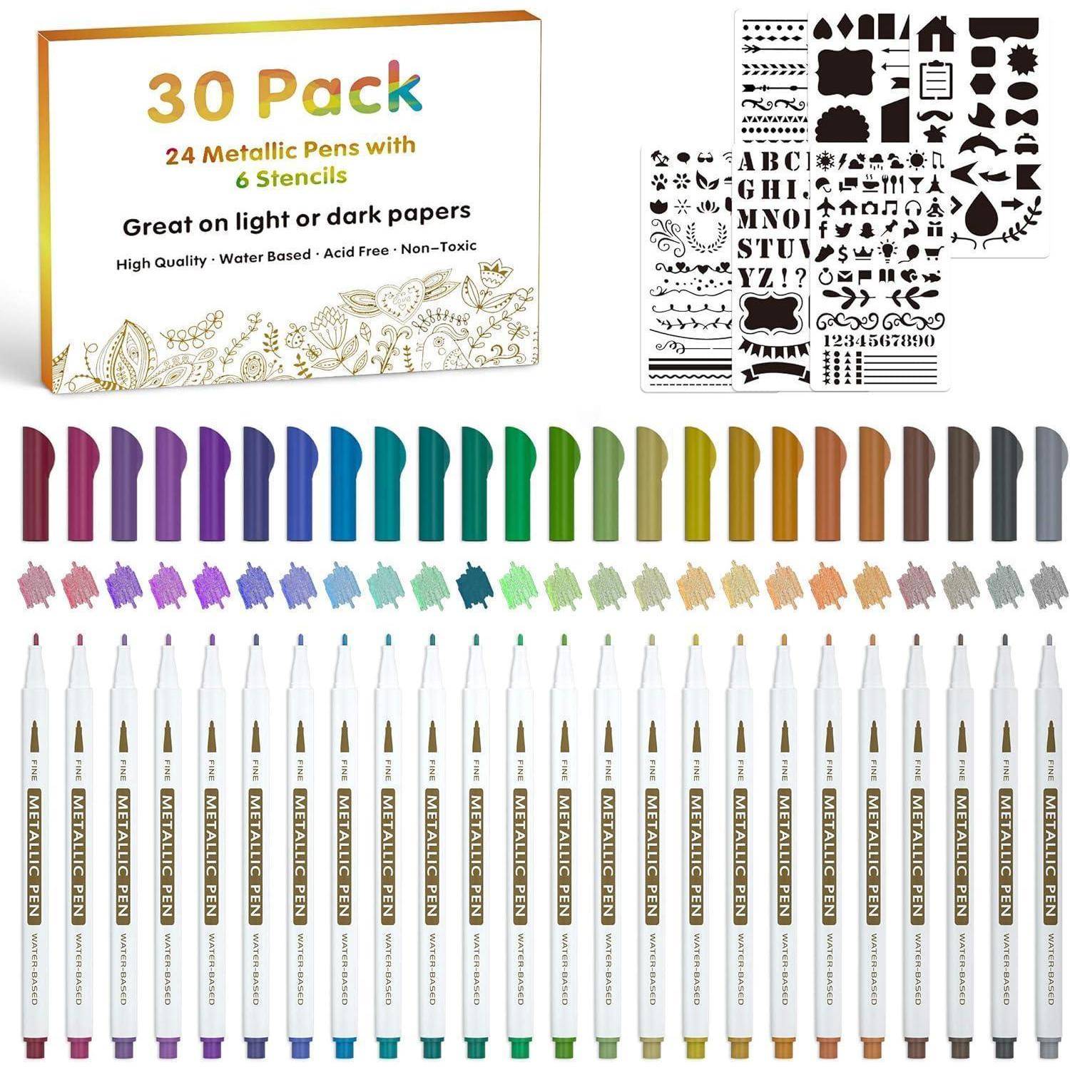 30 tlg Metallic Marker Set mit 24 bunte Metallstifte und 6 Vorlagen