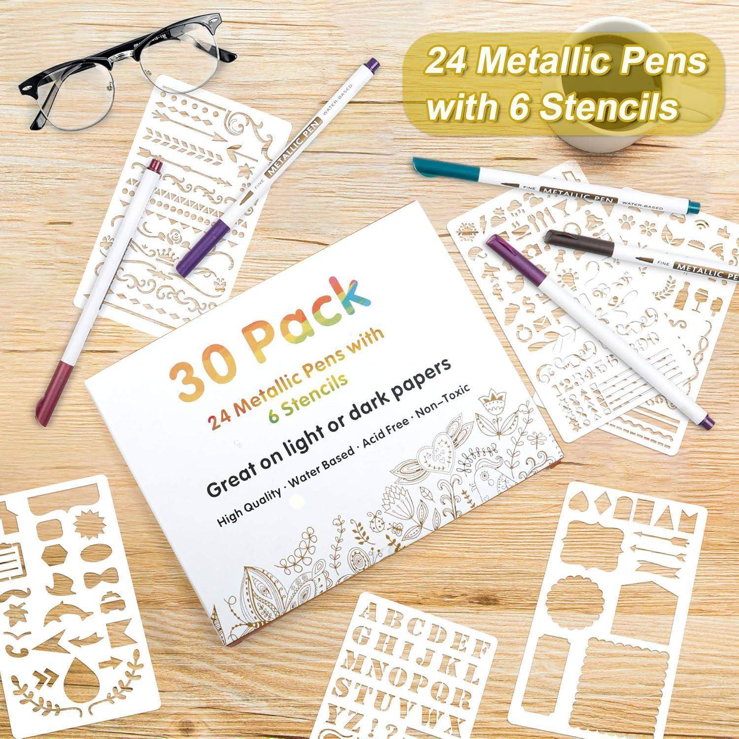 30 tlg Metallic Marker Set mit 24 bunte Metallstifte und 6 Vorlagen