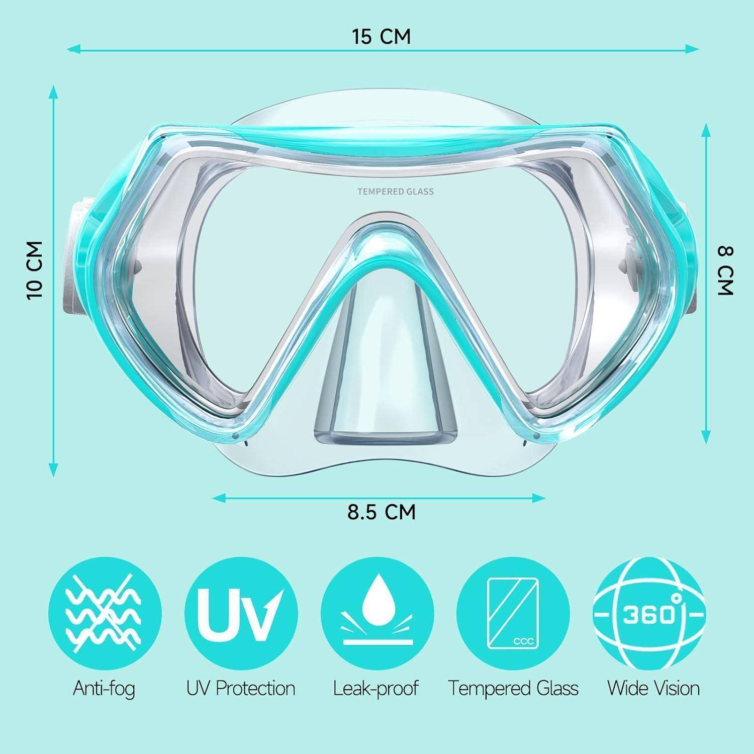 Tauchmaske mit Eigenschaften: beschlagfrei, UV-Schutz, wasserdicht, gehärtetem Glas, breitem Sichtfeld. Abmessungen: 15 cm breit, 10 cm hoch, 8,5 cm Nasenbreite.