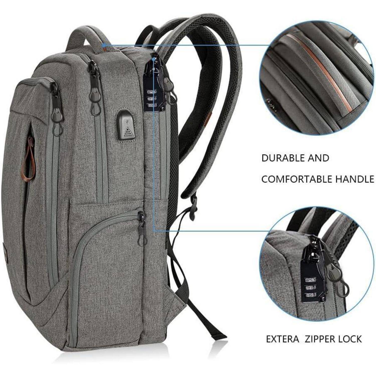 Ein grauer Rucksack mit mehreren Fächern, hervorgehobene Merkmale umfassen einen robusten Griff und einen zusätzlichen Reißverschluss-Sicherheitsmechanismus.