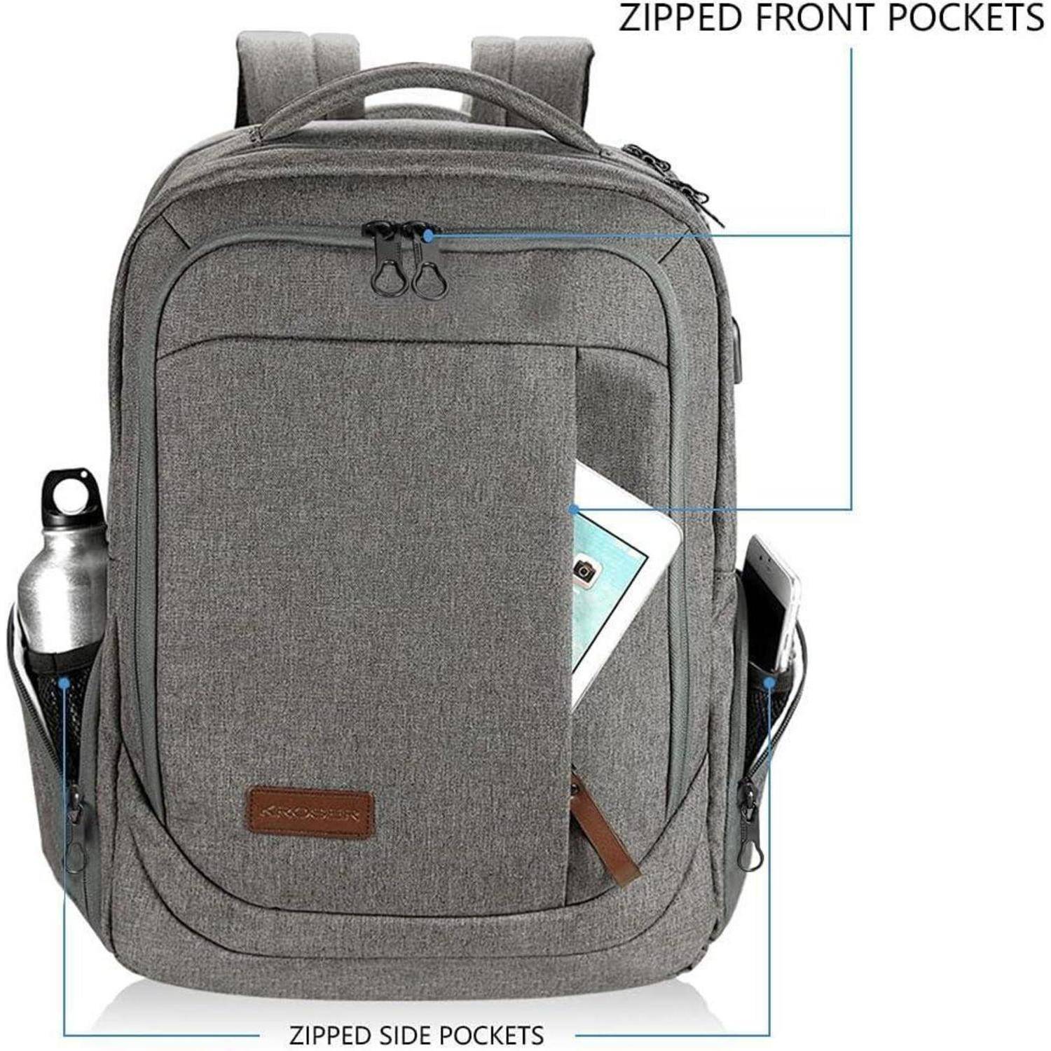 Grauer Rucksack mit einem Tablet in der vorderen Tasche, Wasserflasche in der Seitentasche, mit hervorgehobenem Text, der 