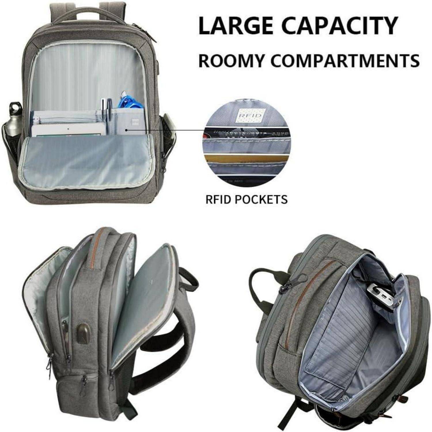 Ein grauer Rucksack mit offenen Fächern, die einen Laptopschacht, mehrere Taschen und RFID-geschützte Bereiche zeigen. Text hebt hervor: 'Große Kapazität, geräumige Fächer'.