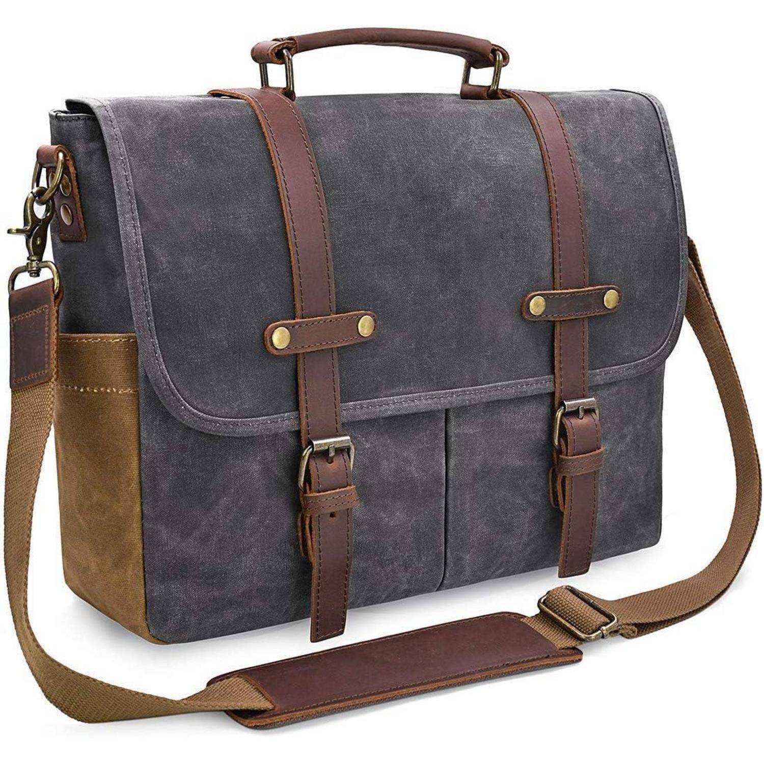 Herren Umhängetasche Canvas Vintage Laptoptasche 15.6 Grau