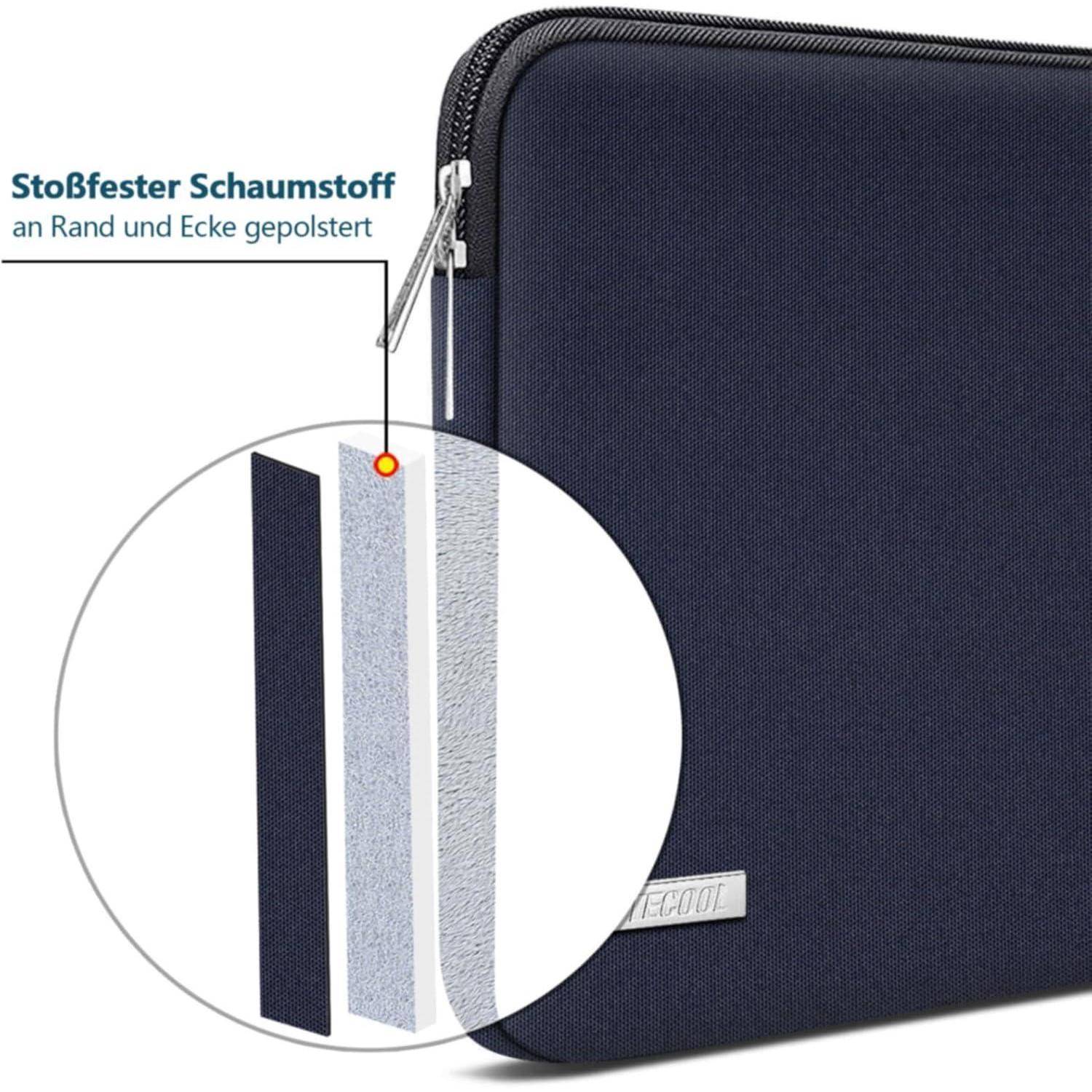 Navy-blauer Laptop-Sleeve mit einer Nahaufnahme der schützenden Schaumstoffpolsterung, beschriftet mit ‚Stoßfester Schaumstoff an Rand und Ecke gepolstert'.