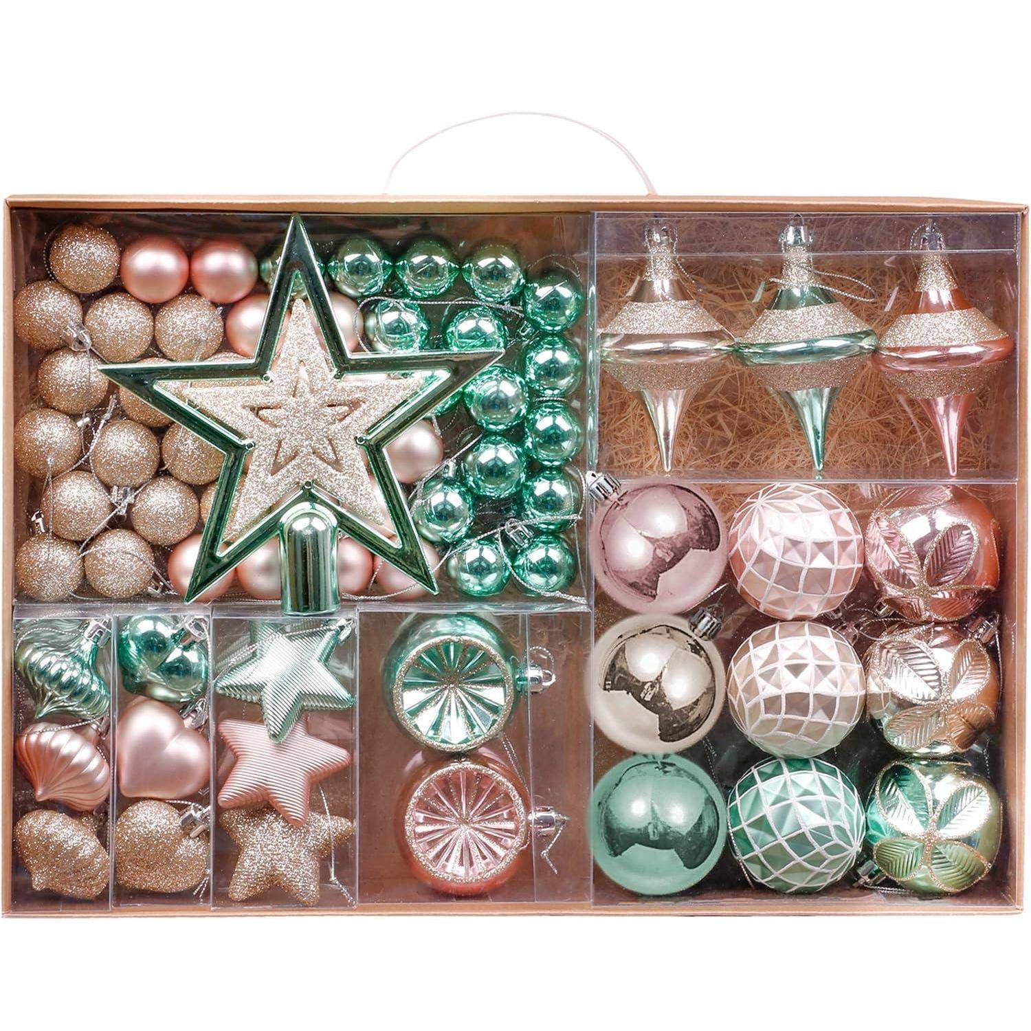 Weihnachtskugeln 70tlg Plastik Christbaumkugeln Mintgrün Rosa Gold