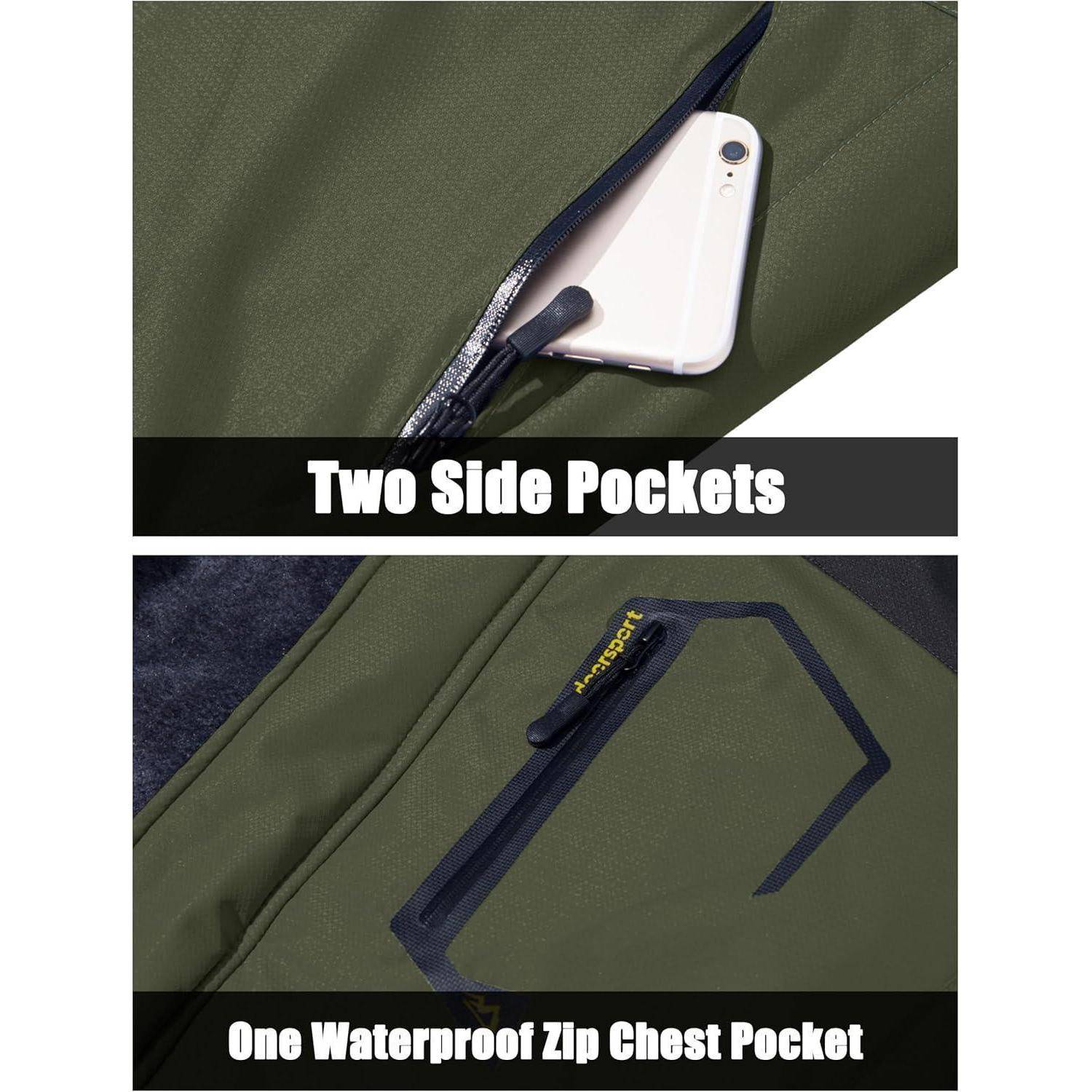 Jacke mit zwei seitlichen Taschen, die ein Telefon halten, und einer wasserdichten Reißverschlusstasche auf der Brust.