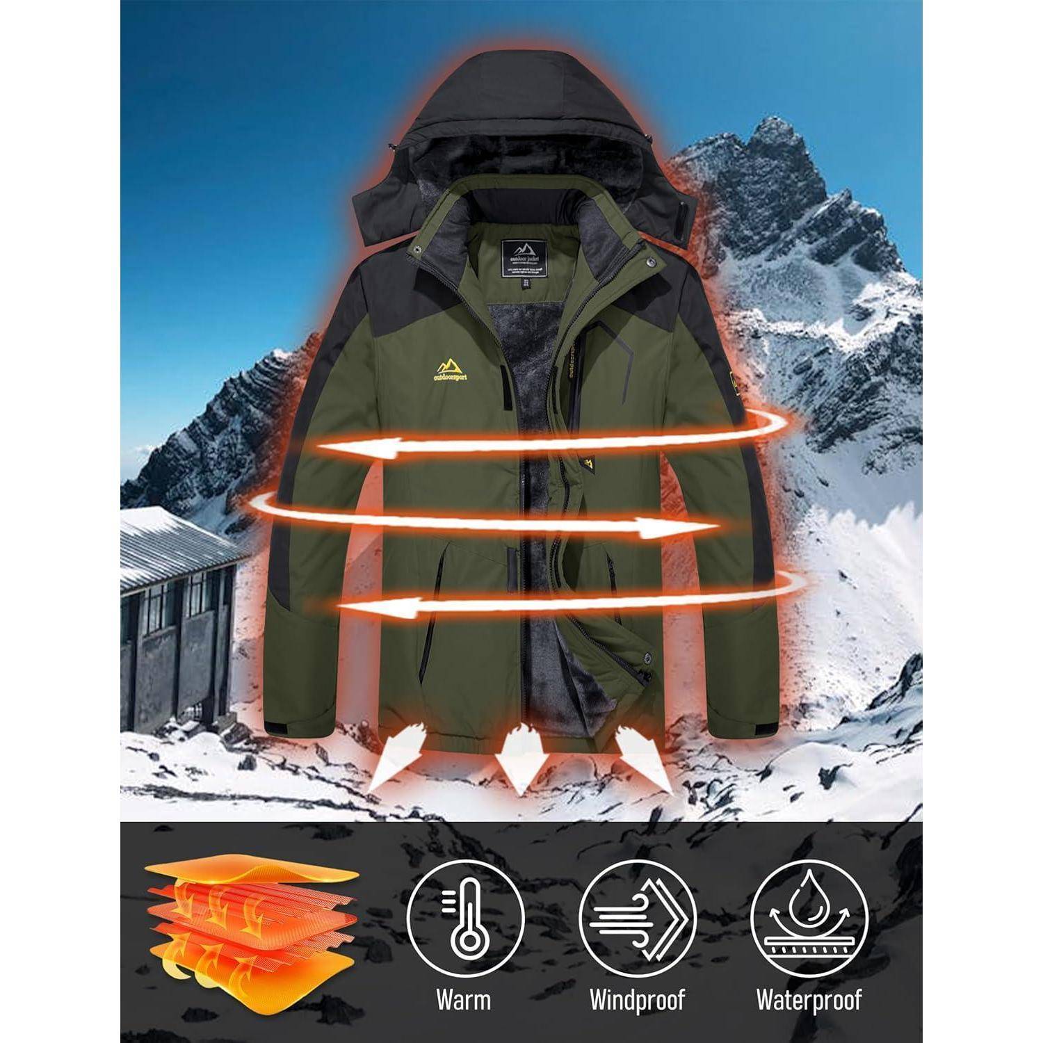 Eine grüne Winterjacke mit Wärmeisolierung, Kapuze und Reißverschluss, die vor einem schneebedeckten Bergpanorama gezeigt wird. Icons heben die Eigenschaften Wärme, Windschutz und Wasserdichtigkeit hervor.