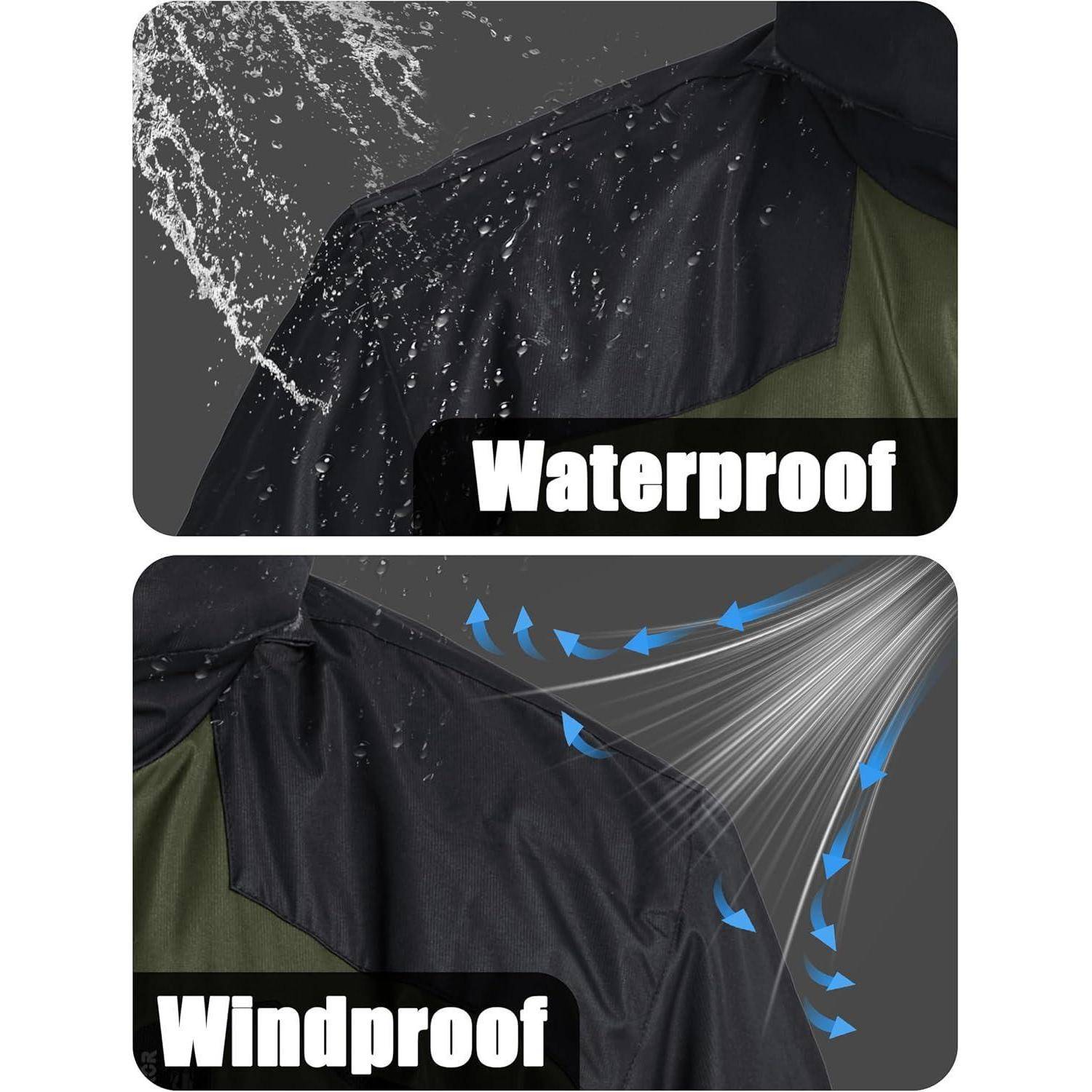 Bild zeigt eine Jacke mit Wasser- und Windbeständigkeitseigenschaften. Oberes Bild mit Wassertropfen auf dem Stoff und dem Text 'Wasserdicht'; unteres Bild mit Windpfeilen und dem Text 'Winddicht'.