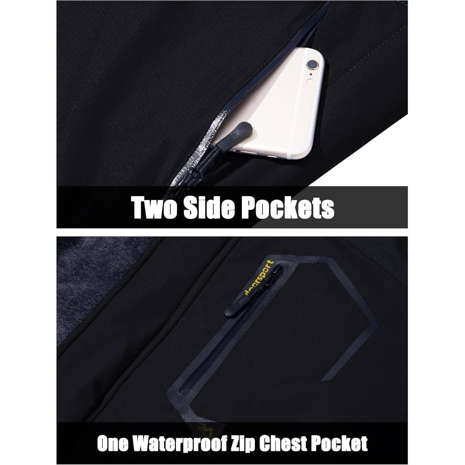 Jacke verfügt über zwei seitliche Taschen für Bequemlichkeit und eine wasserdichte Brusttasche mit Reißverschluss zur sicheren Aufbewahrung von Gegenständen wie einem Smartphone.