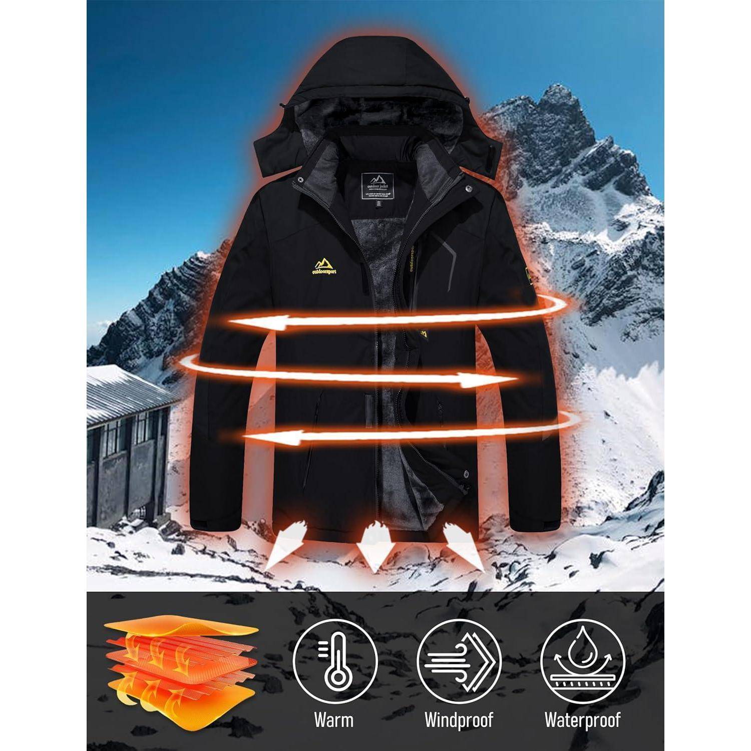 Eine schwarze Jacke mit orangefarbenen Pfeilen, die Eigenschaften anzeigen: warm, winddicht und wasserdicht. Verschneite Berge und ein Gebäude im Hintergrund.
