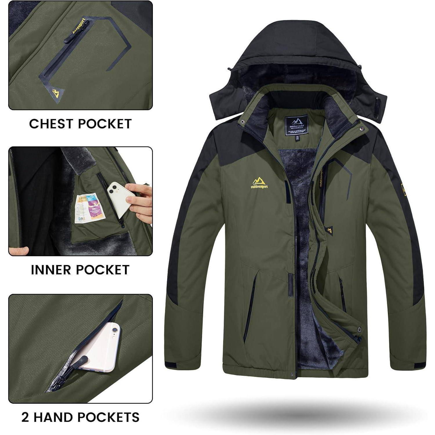 Grüne Outdoorjacke mit Kapuze, schwarzen Akzenten und Fleecefutter. Ausstattungsmerkmale umfassen eine Brusttasche, eine Innentasche für Handy oder Geldbörse und zwei Handtaschen.