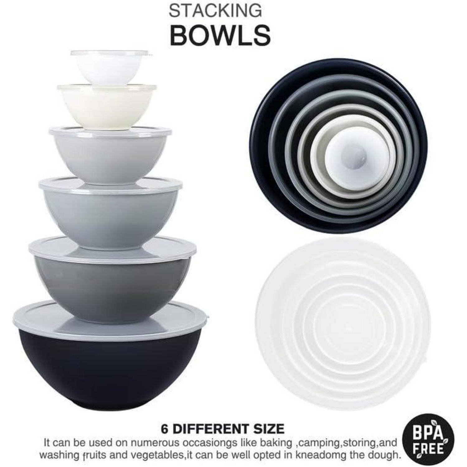 Salatschüssel Set mit Deckel, 12-teilig, Stapelbar, Kunststoff, 6