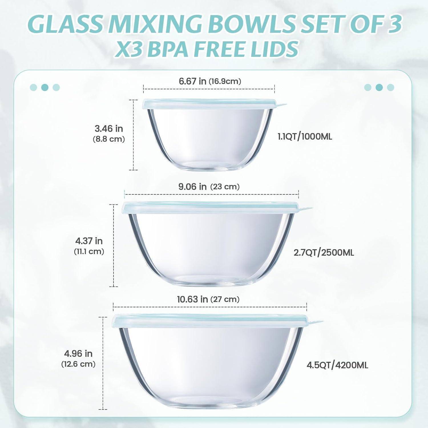 Glas Rührschüssel 3er-Set mit Deckel 4.2L 2.5L 1L für die Küche