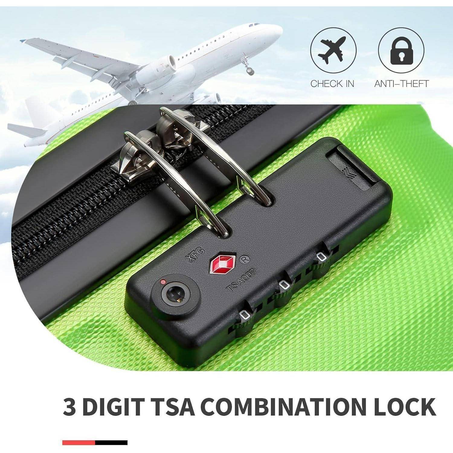 Nahaufnahme eines grünen Koffers mit einem 3-stelligen TSA-Kombinationsschloss. Der Hintergrund zeigt ein Flugzeug und Symbole für 'Check-in' und 'Diebstahlschutz'.