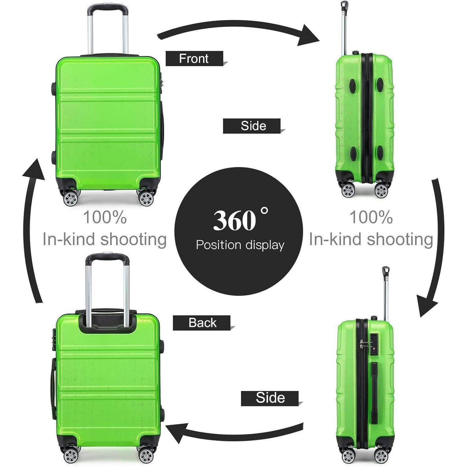 Grüner Koffer, von vorne, hinten und von der Seite gezeigt, mit Pfeilen, die eine 360-Grad-Ansicht andeuten. Text: '100% Originalaufnahme'.