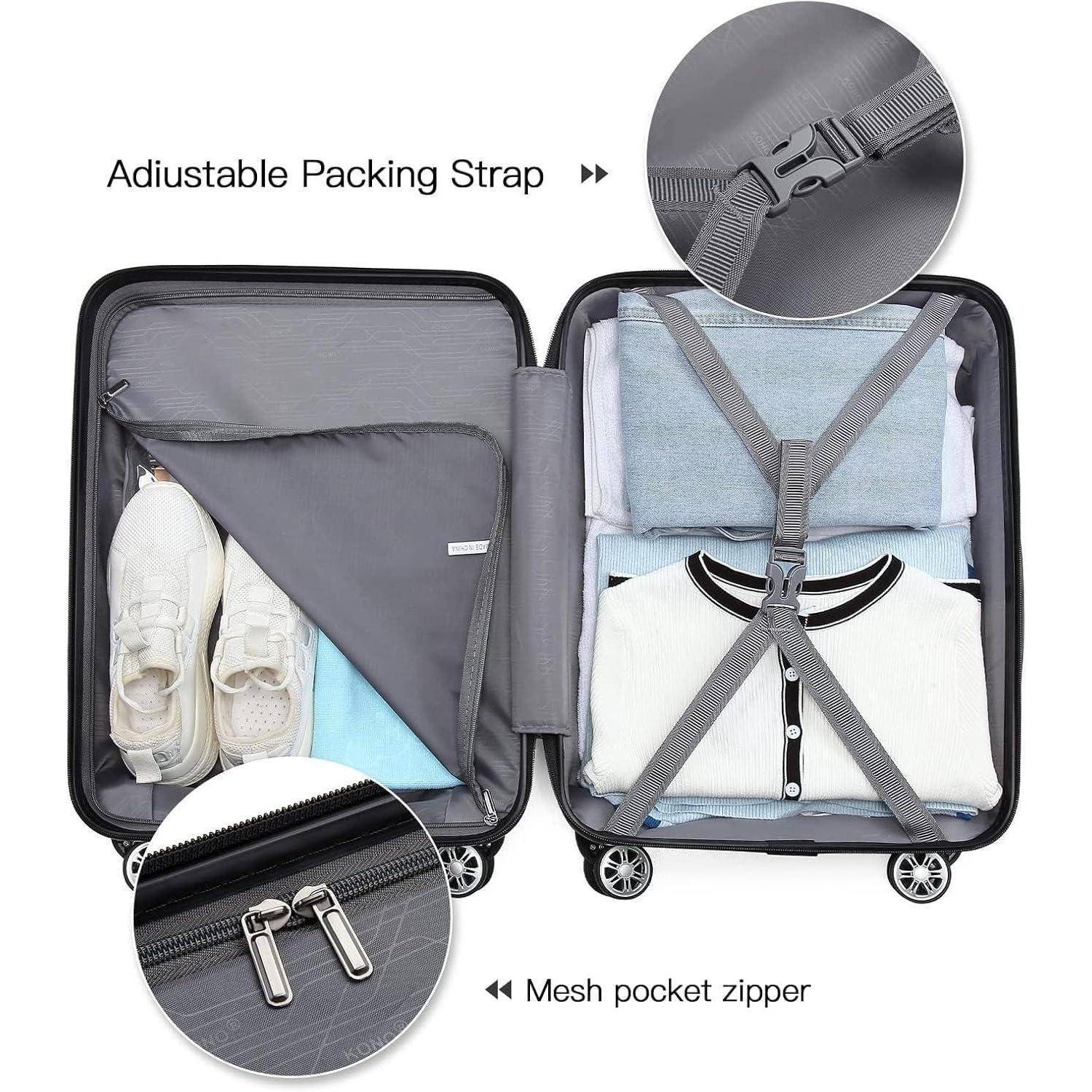 Offener Koffer mit organisierter Kleidung, die mit verstellbaren Riemen gesichert und mit einer Netztasche versehen ist. Einblendungen zeigen Schnalle und Reißverschluss-Details.
