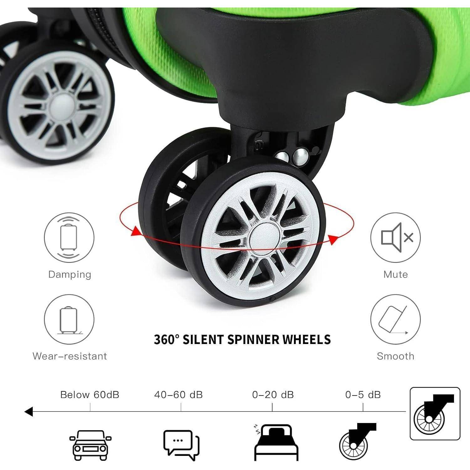Ein grüner Koffer verfügt über 360°-Leiseläufer-Rollen mit Dämpfung, geräuscharm, verschleißfest und gleitfähig, ideal für eine ruhige Reise.